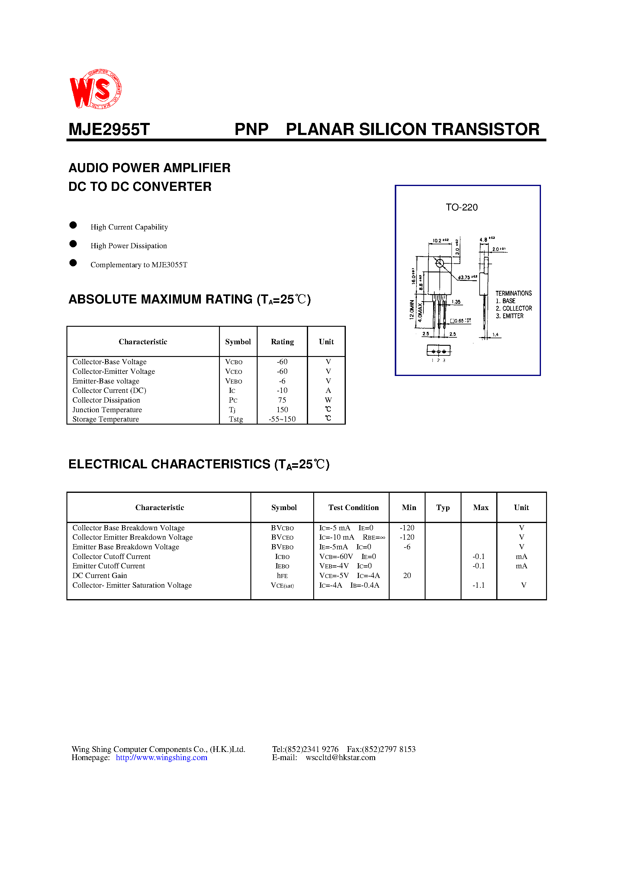 Даташит MJE2955T - SILICON EPITAXIAL PLANAR TRANSISTOR страница 1