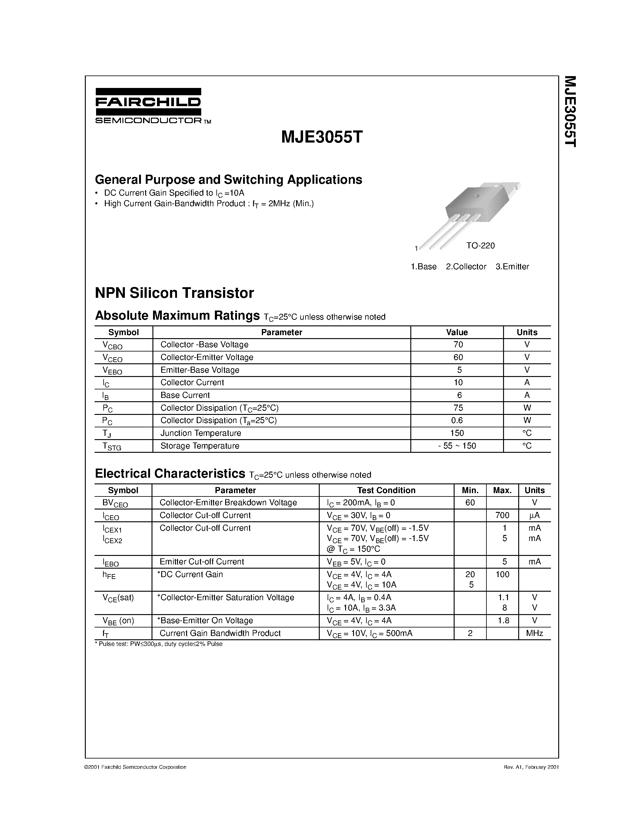 Даташит MJE3055 - General Purpose and Switching Applications страница 1