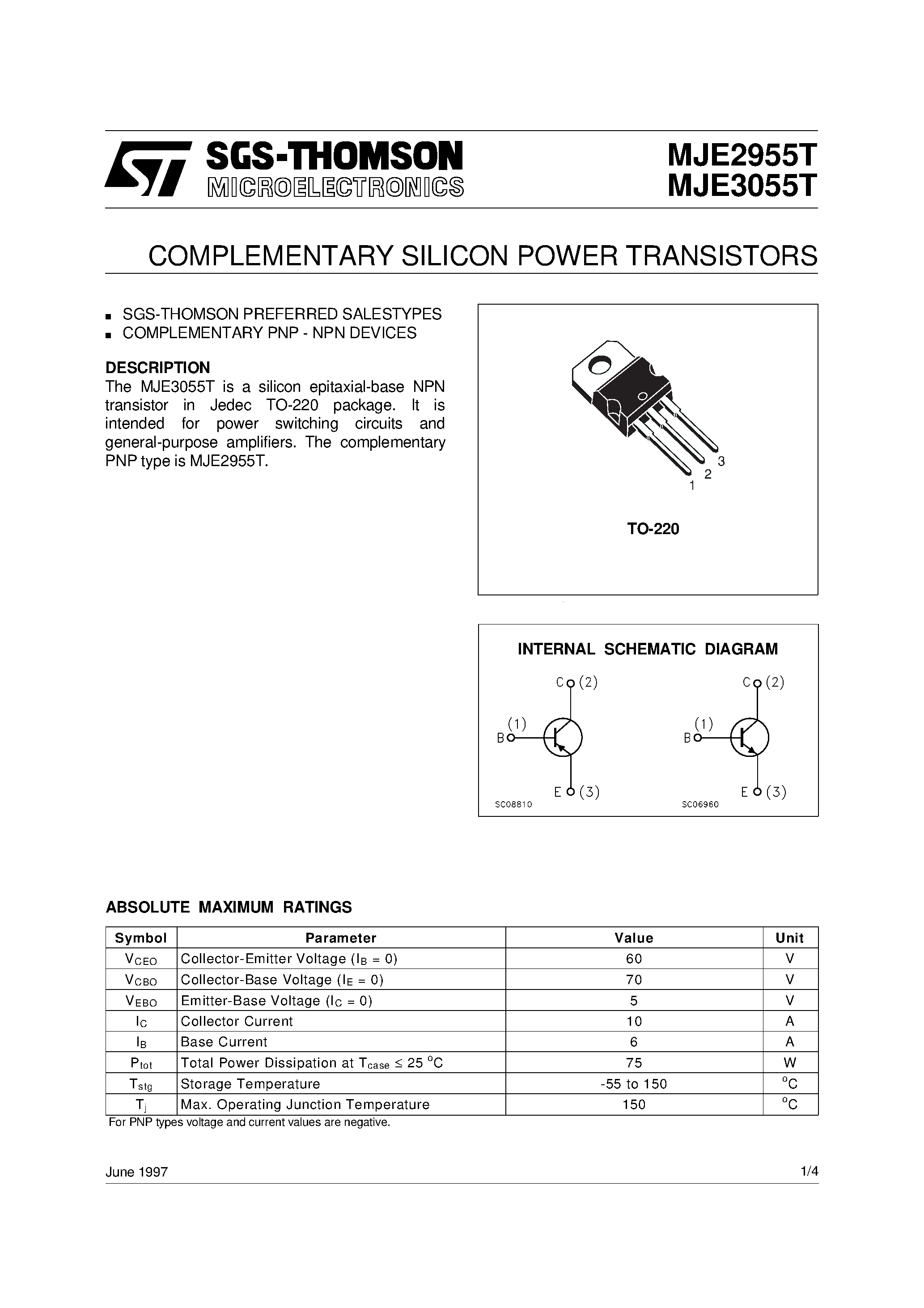 Даташит MJE3055 - COMPLEMENTARY SILICON POWER TRANSISTORS страница 1