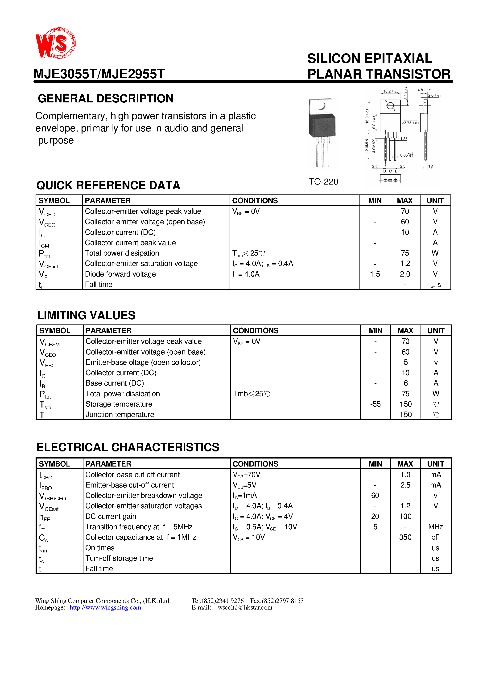 Даташит MJE3055T - SILICON EPITAXIAL PLANAR TRANSISTOR страница 1