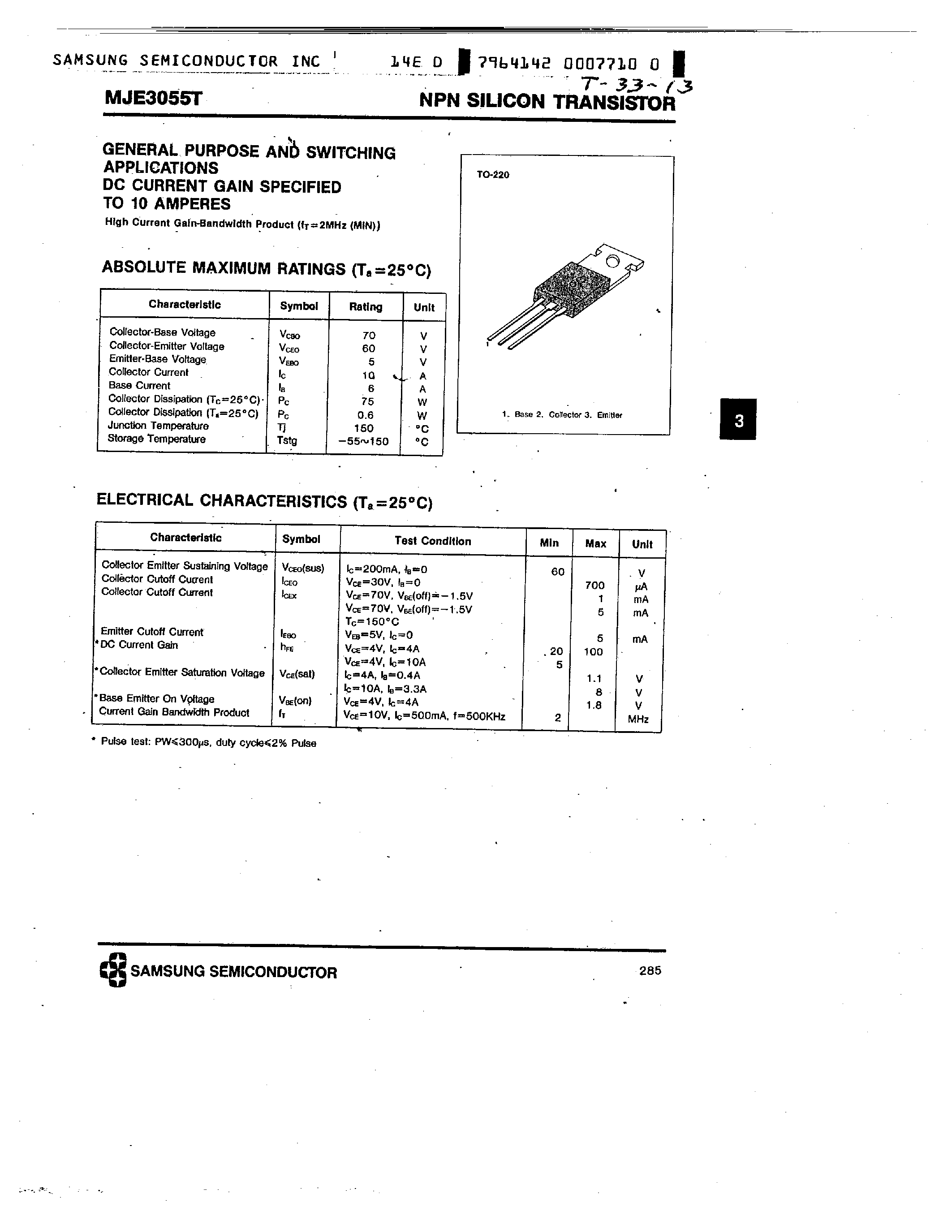 Даташит MJE3055T - NPN (GENERAL PURPOSE AND SWITCHING APPLICATIONS) страница 1