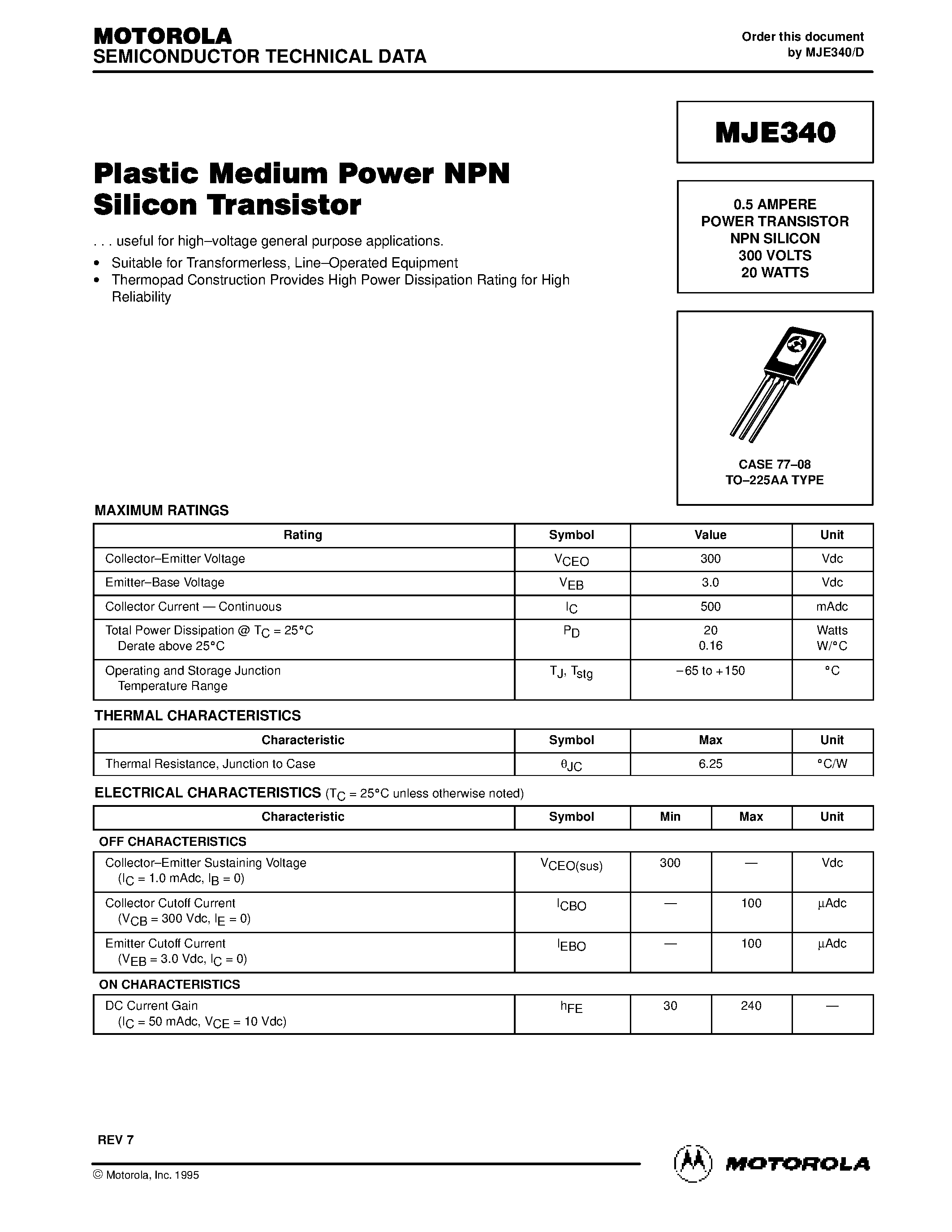 Даташит MJE340 - 0.5 AMPERE POWER TRANSISTOR NPN SILICON 300 VOLTS 20 WATTS страница 1