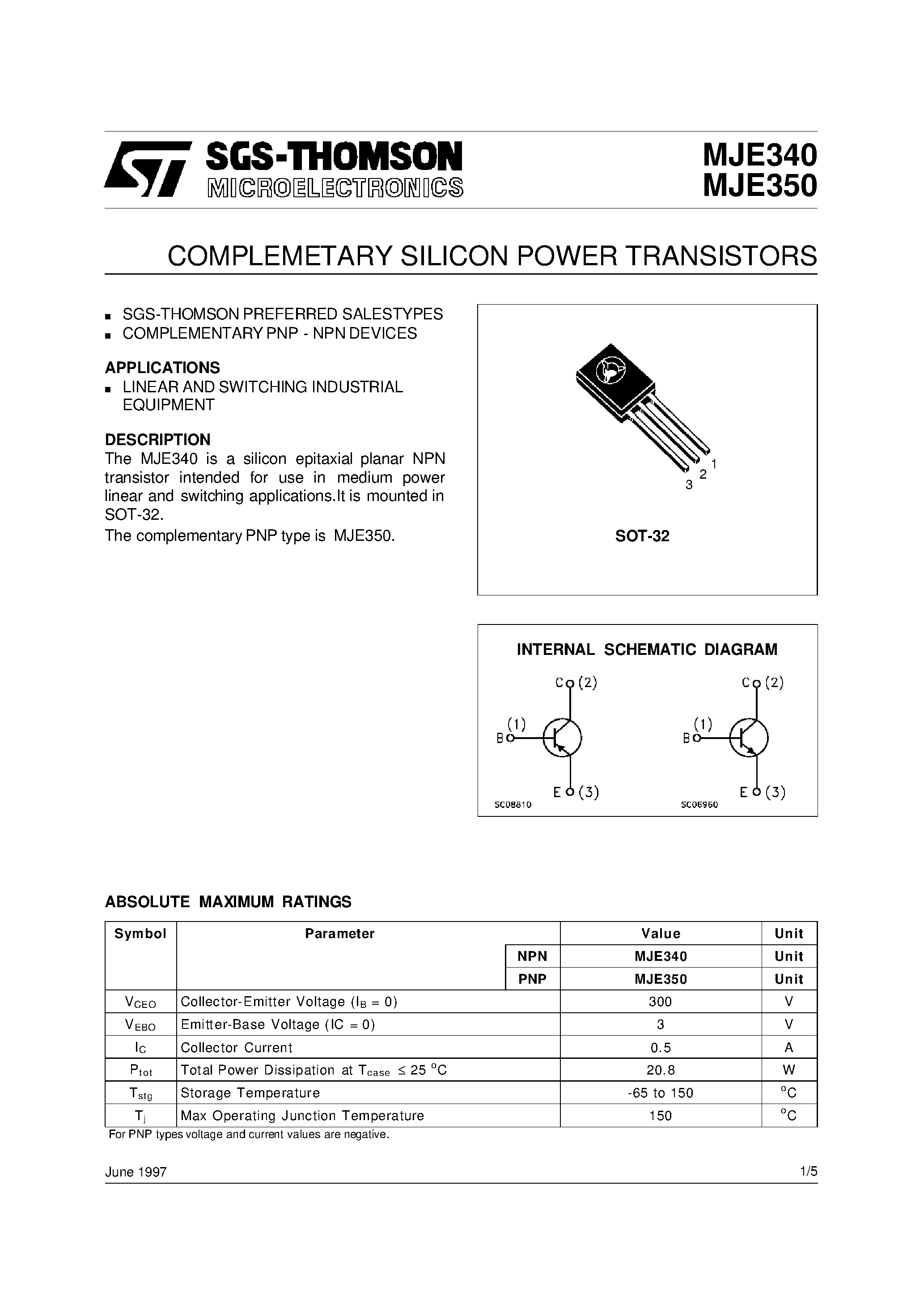 Даташит MJE340 - COMPLEMETARY SILICON POWER TRANSISTORS страница 1