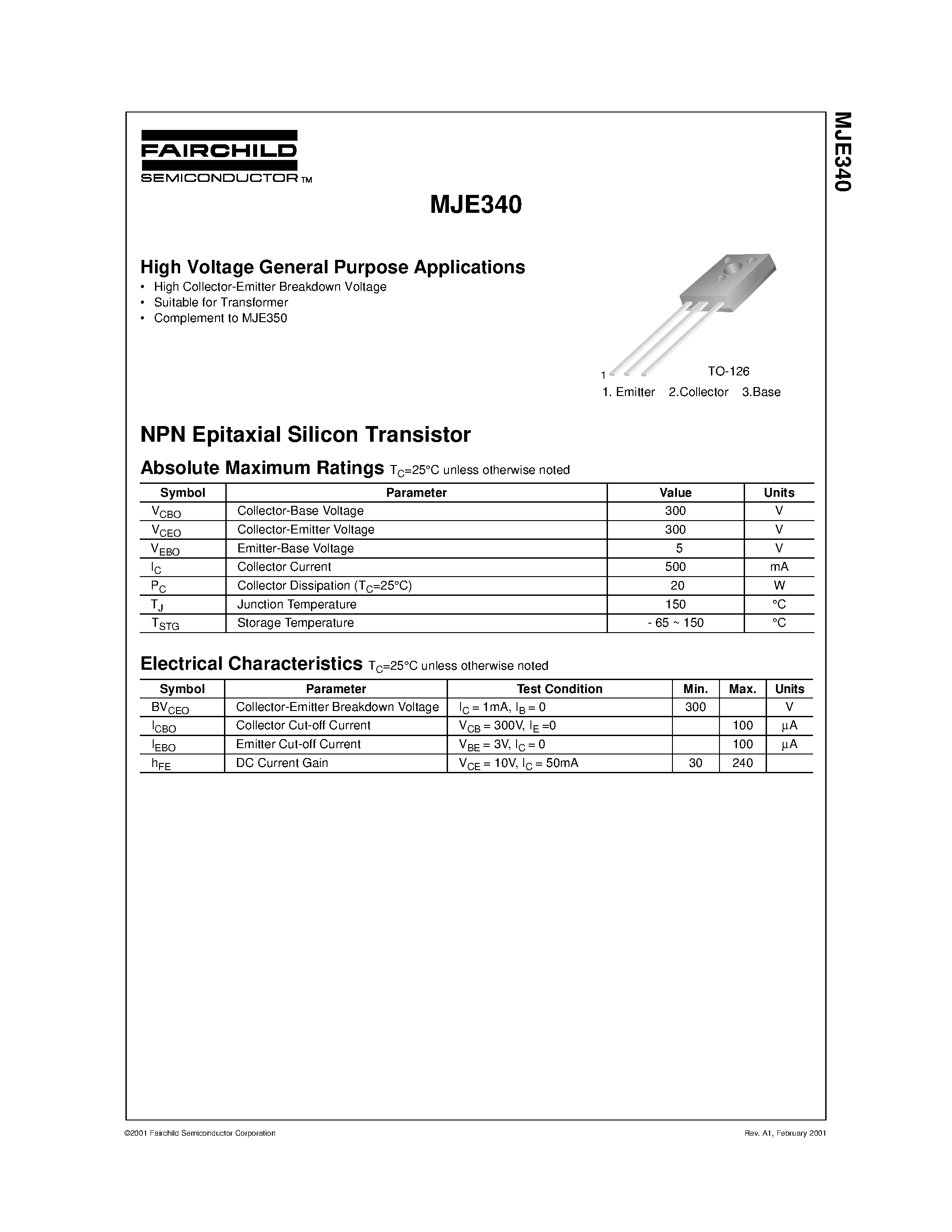 Даташит MJE340 - High Voltage General Purpose Applications страница 1