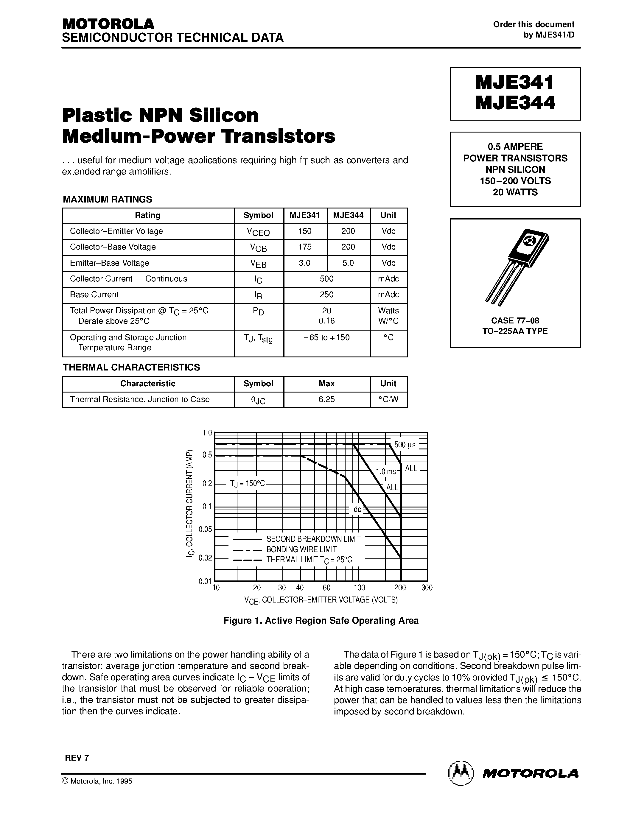 Даташит MJE341 - 0.5 AMPERE POWER TRANSISTORS NPN SILICON 150-200 VOLTS 20 WATTS страница 1