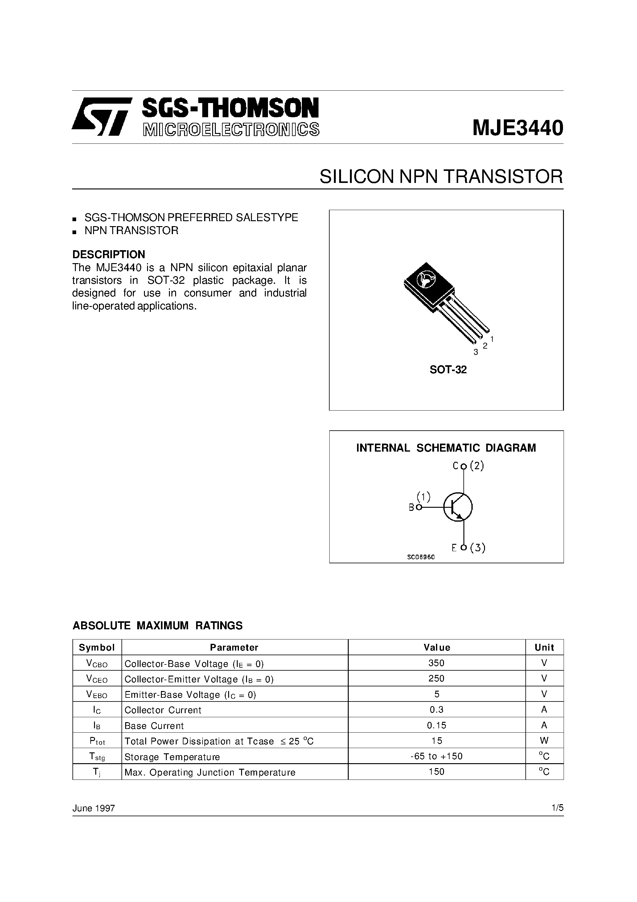 Даташит MJE3440 - SILICON NPN TRANSISTOR страница 1