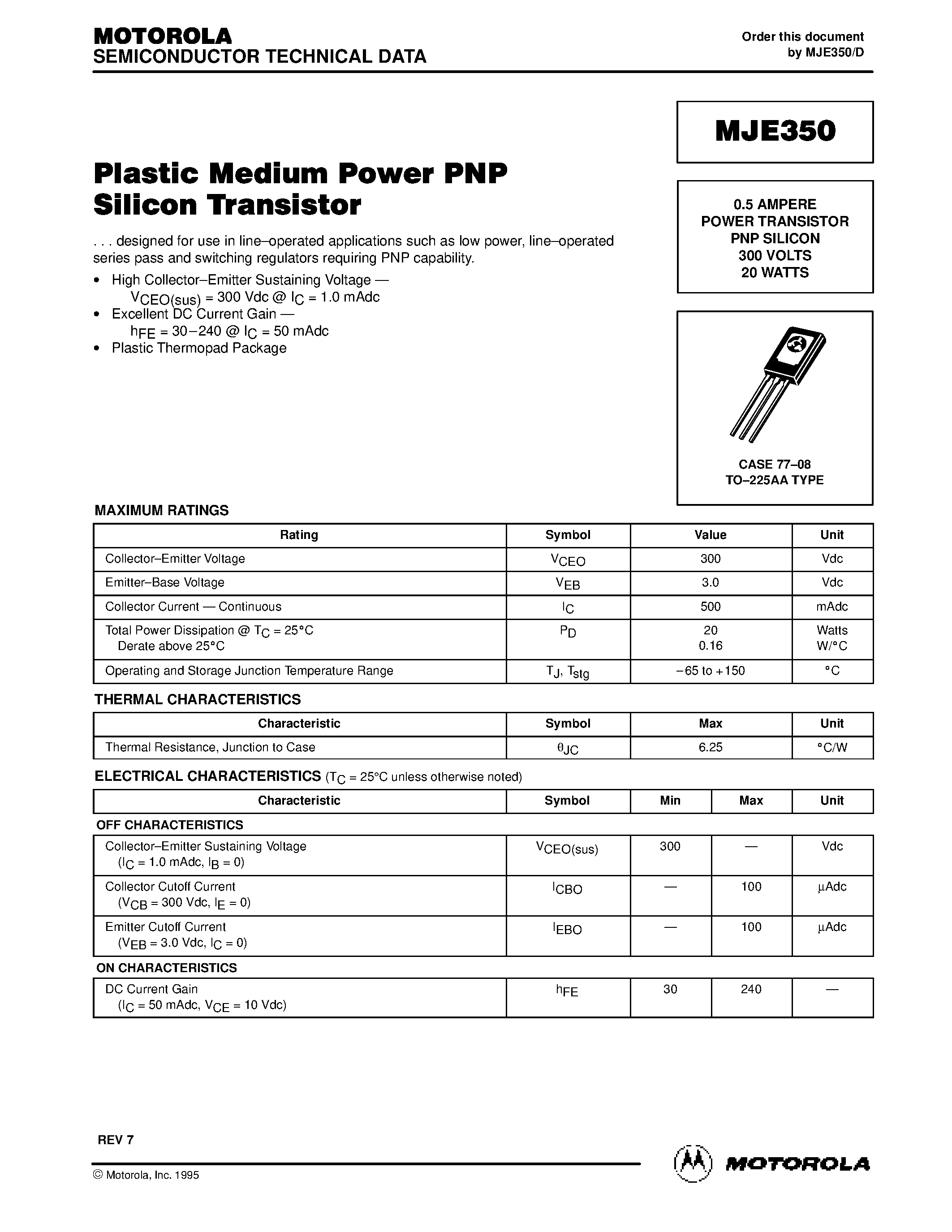 Даташит MJE350 - 0.5 AMPERE POWER TRANSISTOR PNP SILICON 300 VOLTS 20 WATTS страница 1