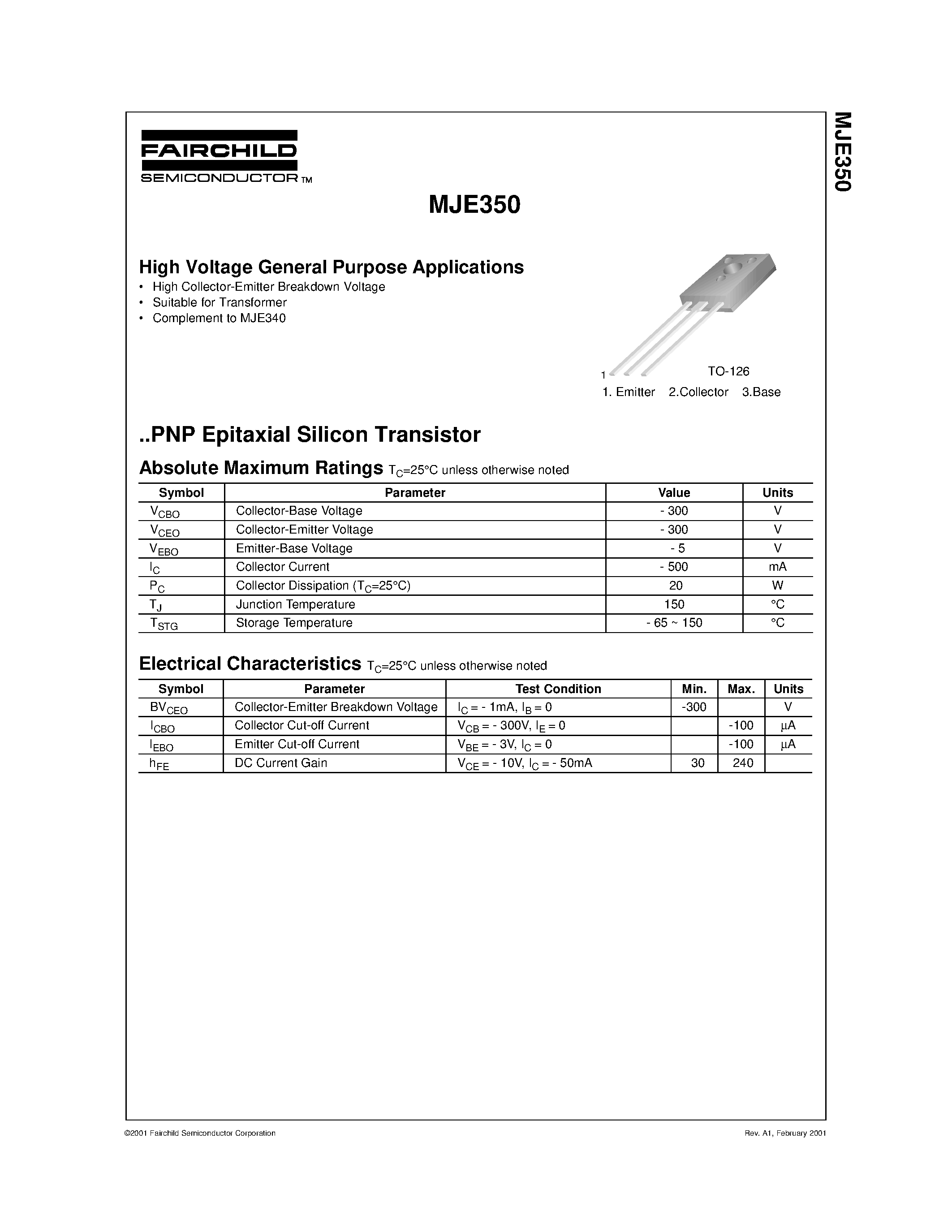 Даташит MJE350 - High Voltage General Purpose Applications страница 1