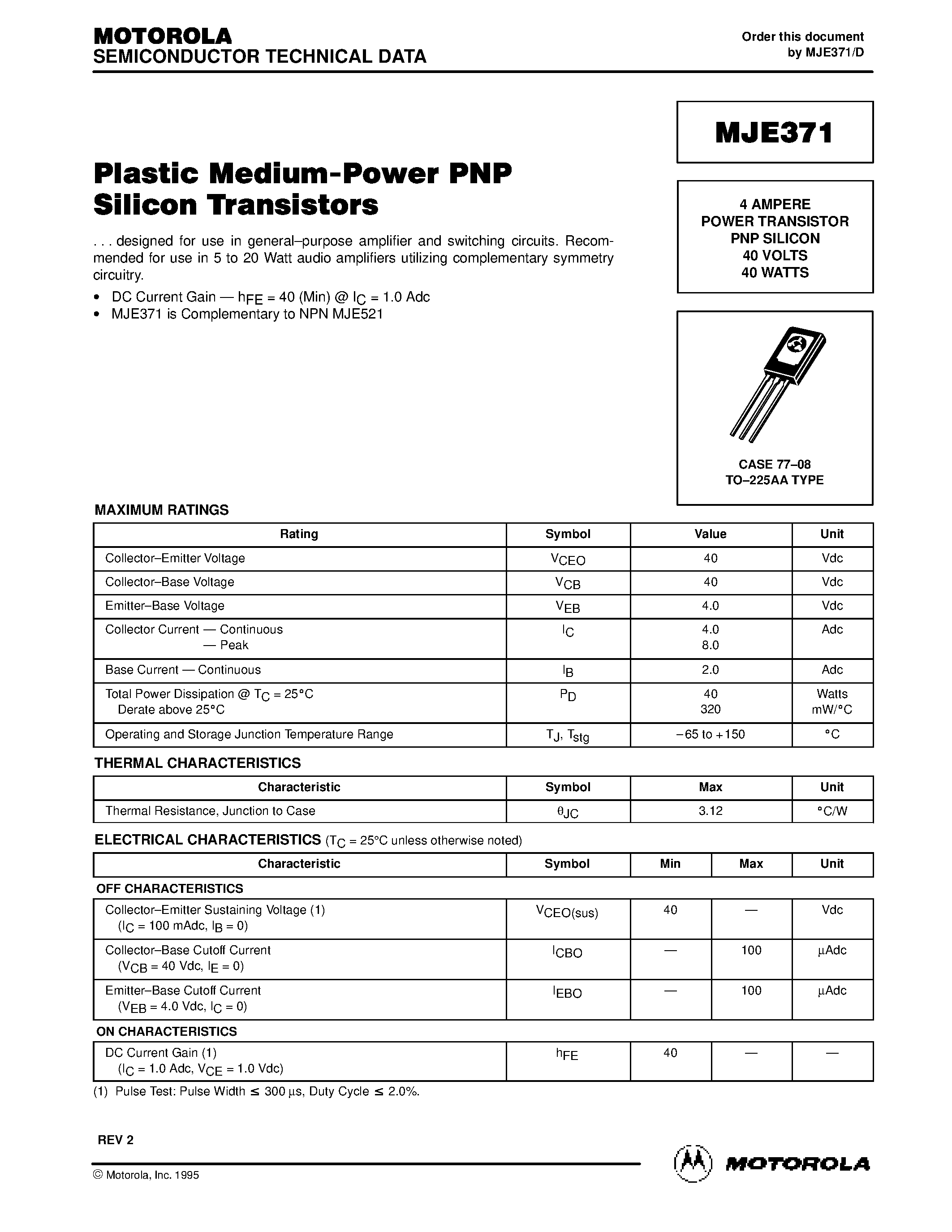 Даташит MJE371 - 4 AMPERE POWER TRANSISTOR PNP SILICON 40 VOLTS 40 WATTS страница 1