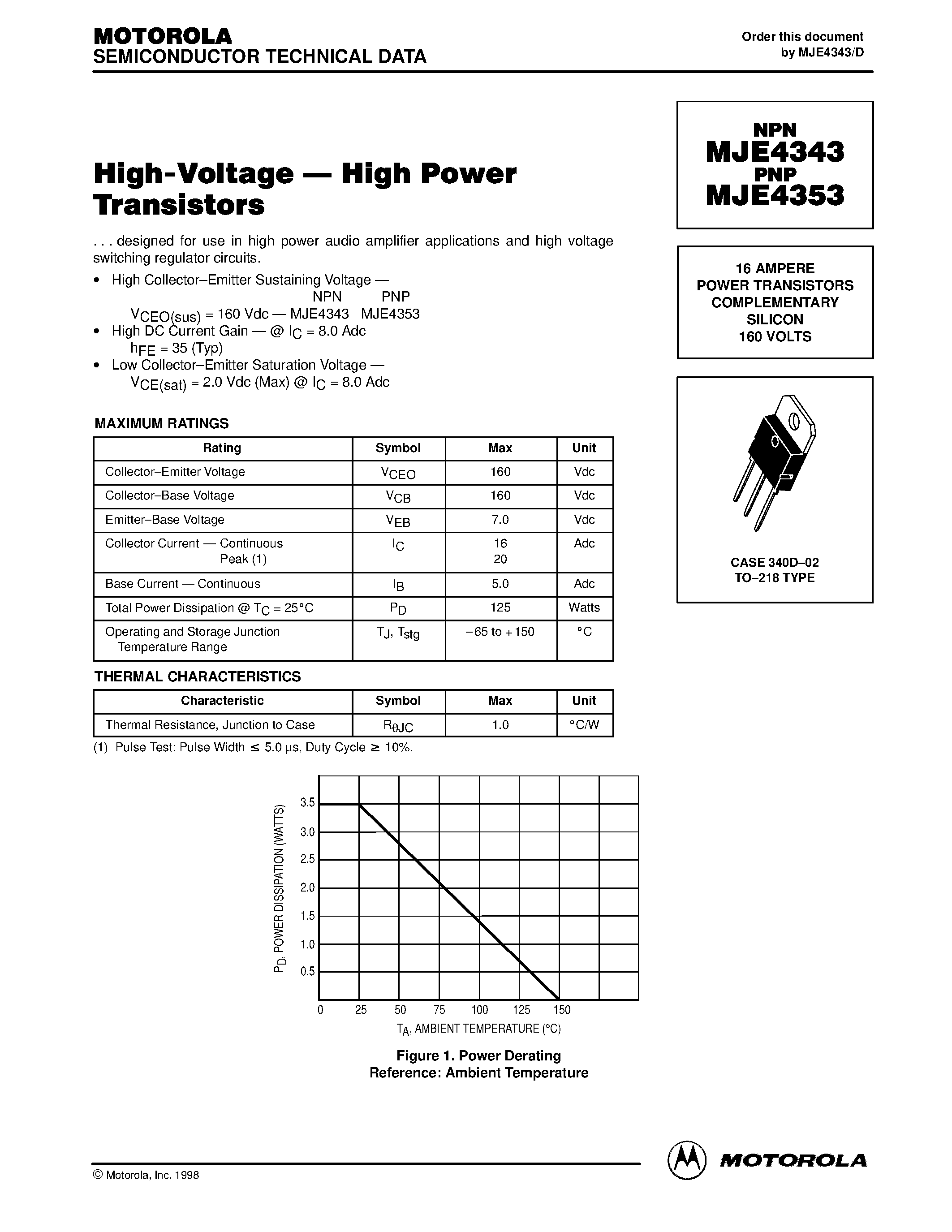 Даташит MJE4343 - POWER TRANSISTORS COMPLEMENTARY SILICON страница 1