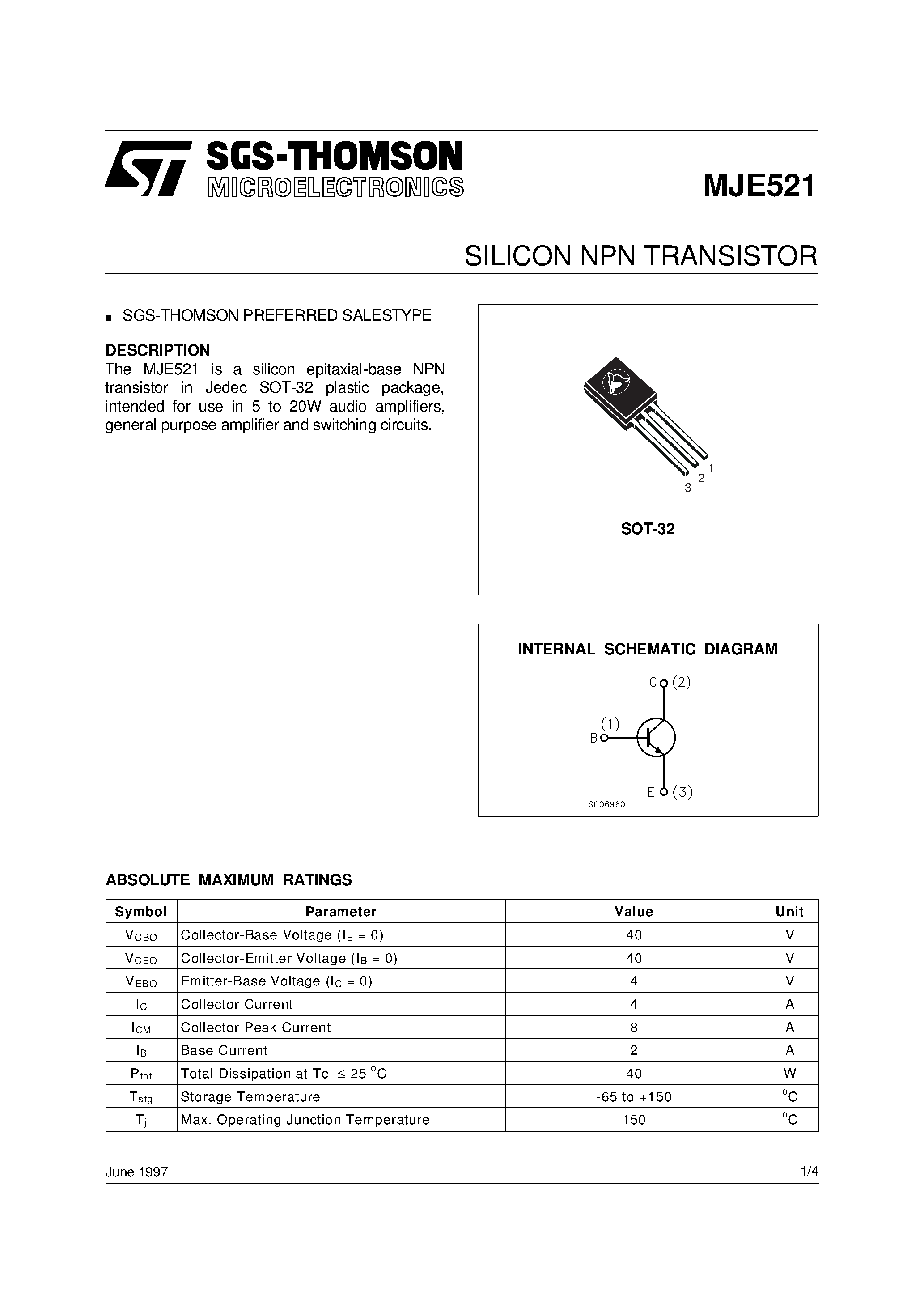 Даташит MJE521 - SILICON NPN TRANSISTOR страница 1