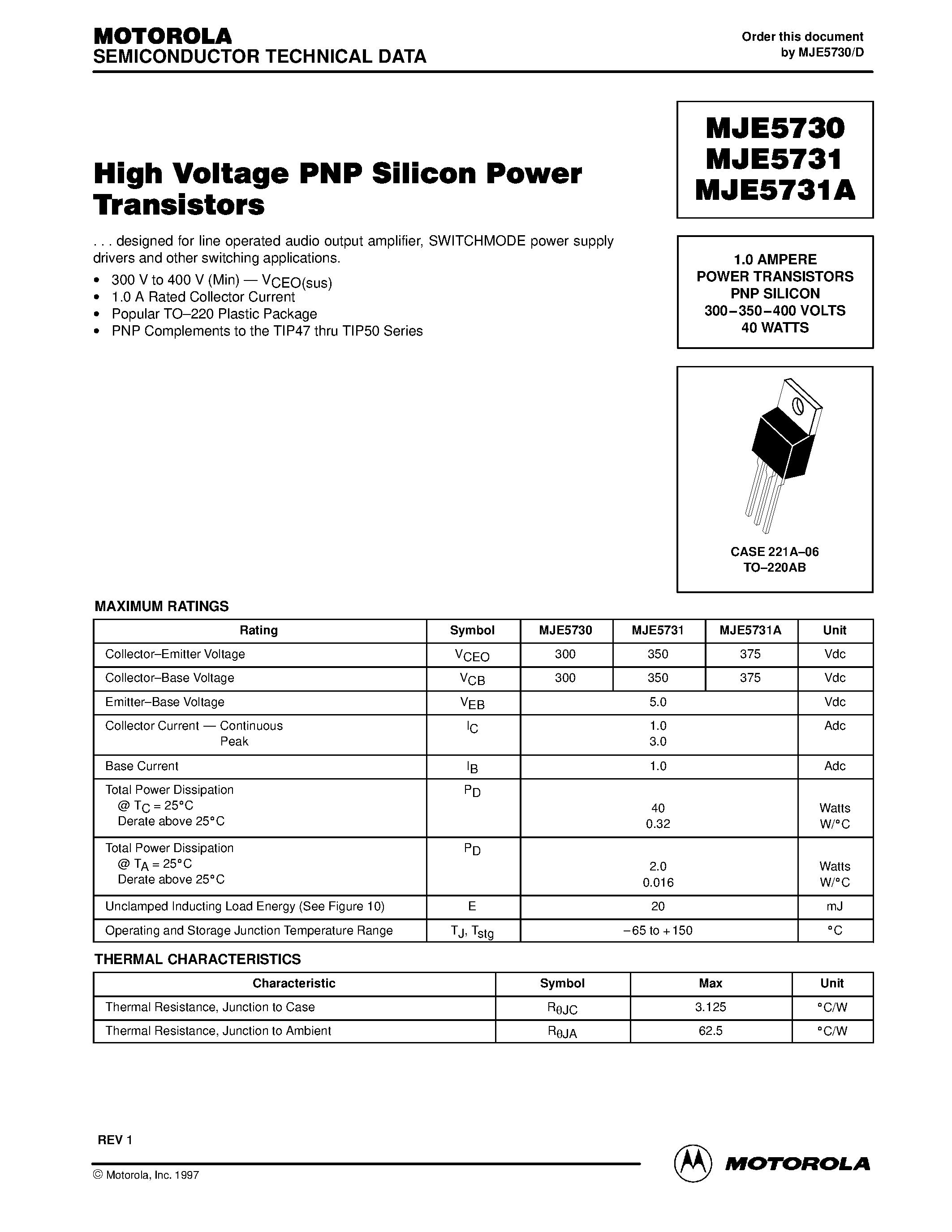 Даташит MJE5730 - POWER TRANSISTORS PNP SILICON страница 1