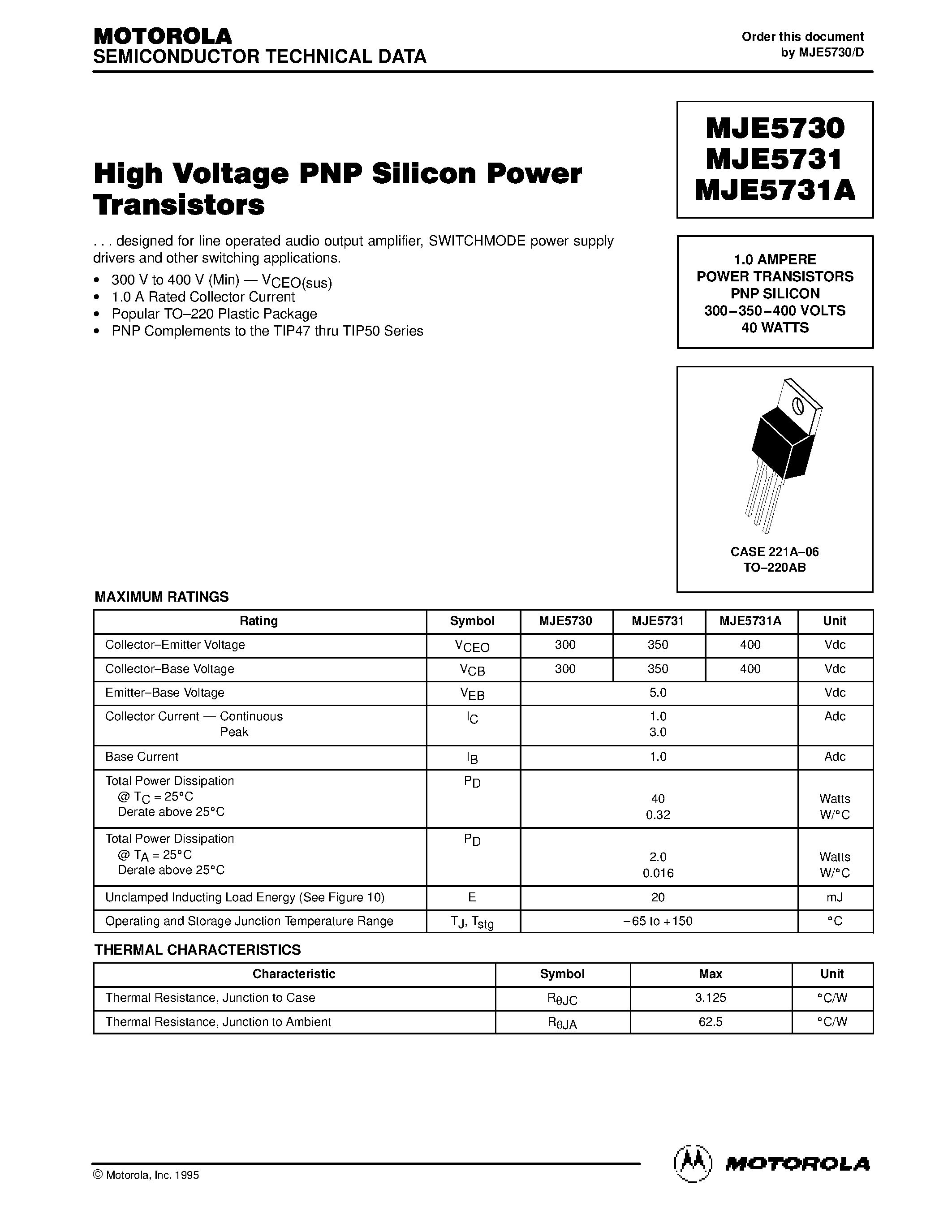 Datasheet MJE5731 - 1.0 AMPERE POWER TRANSISTORS PNP SILICON 300-350-400 VOLTS 40 WATTS page 1