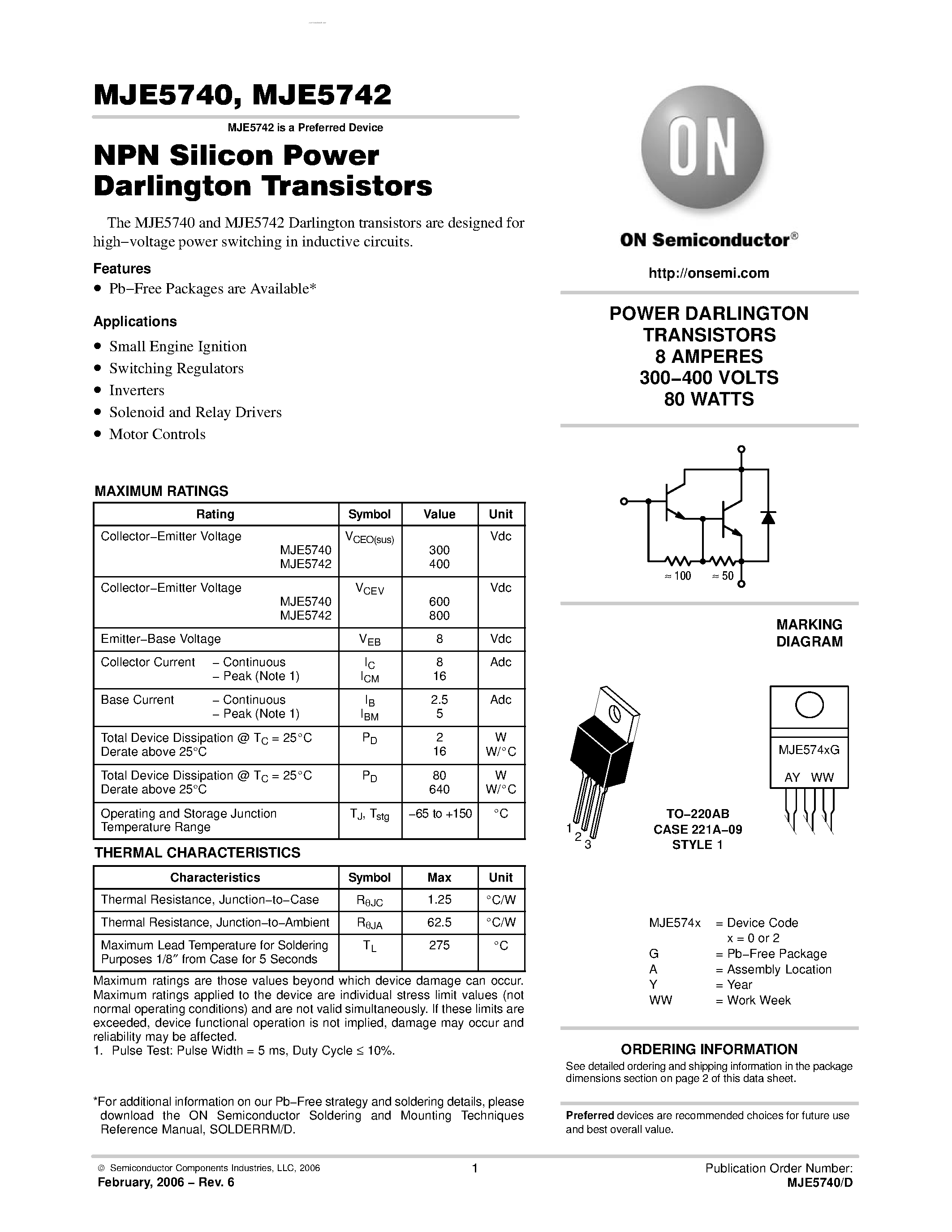 Datasheet MJE5740 - POWER DARLINGTON TRANSISTORS page 1