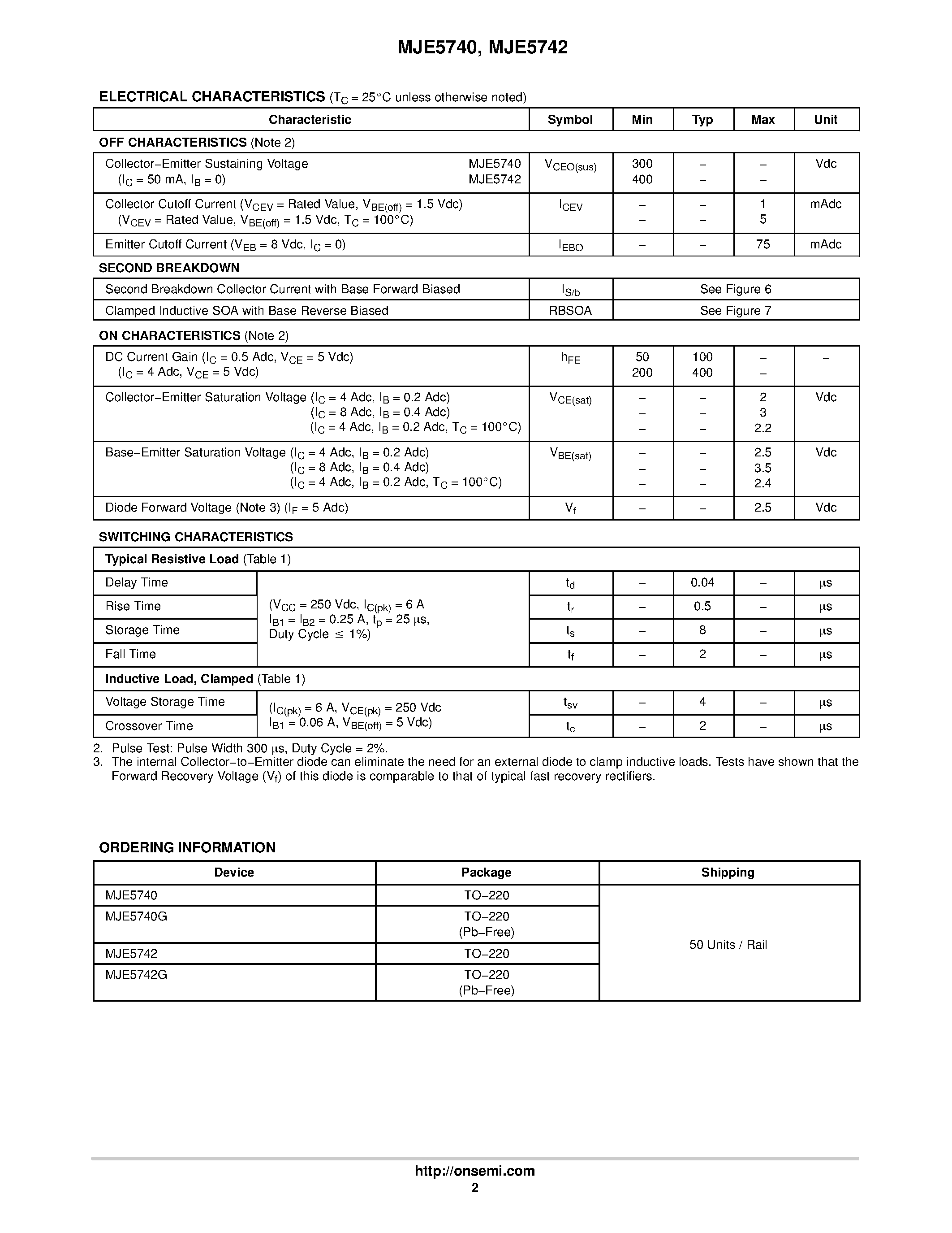 Datasheet MJE5740 - POWER DARLINGTON TRANSISTORS page 2