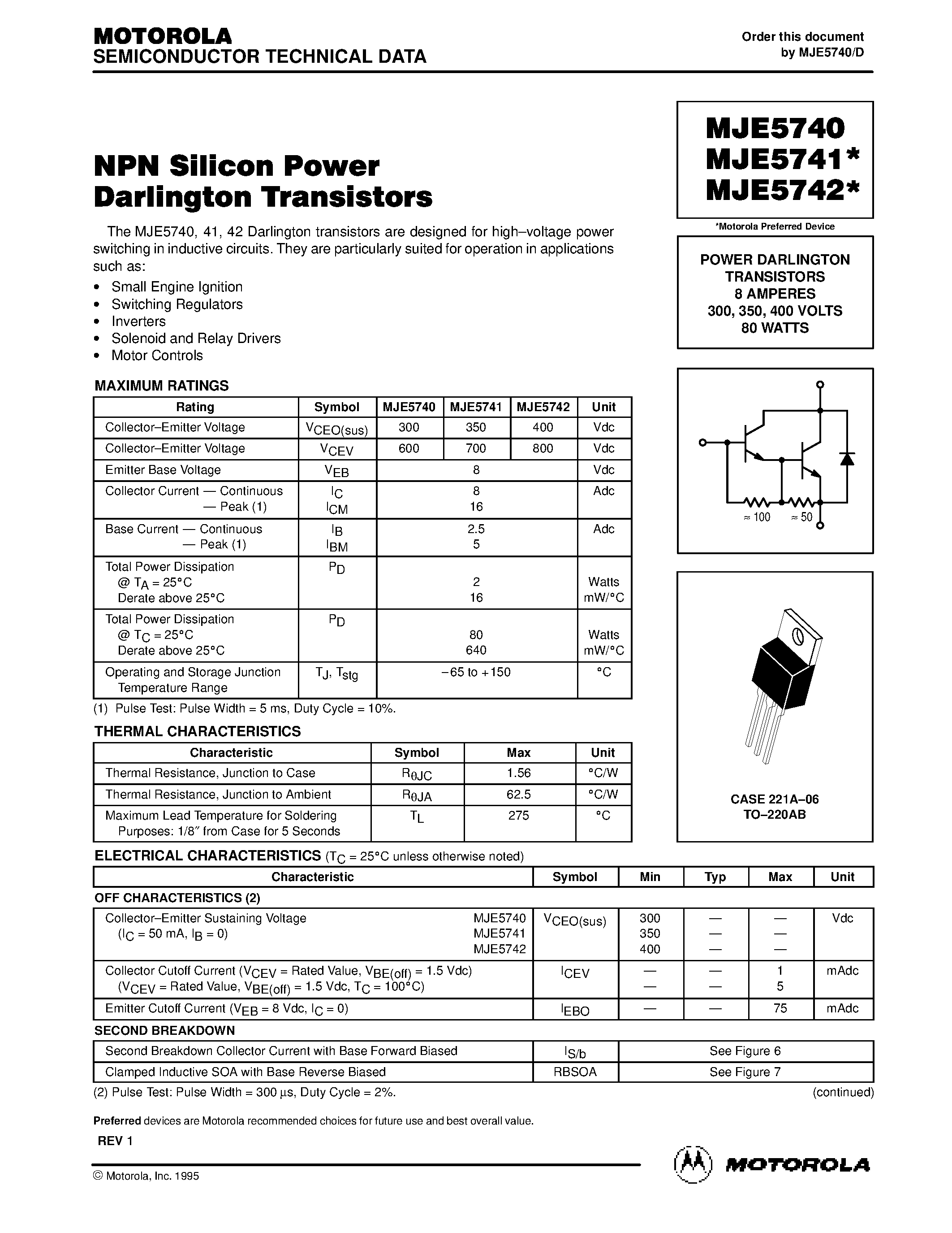 Datasheet MJE5741 - POWER DARLINGTON TRANSISTORS 8 AMPERES 300- 350- 400 VOLTS 80 WATTS page 1