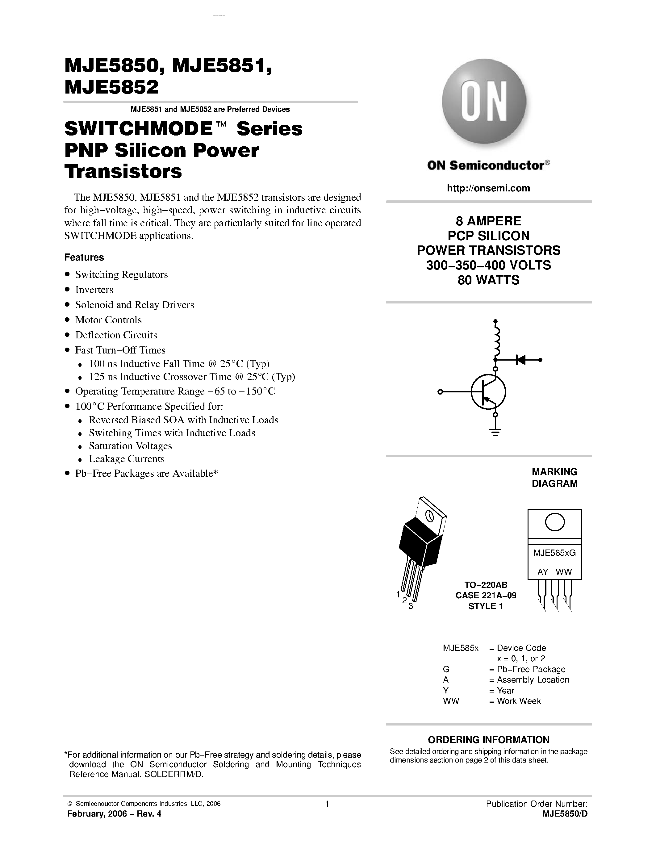 Datasheet MJE5850 - PNP SILICON POWER TRANSISTORS page 1