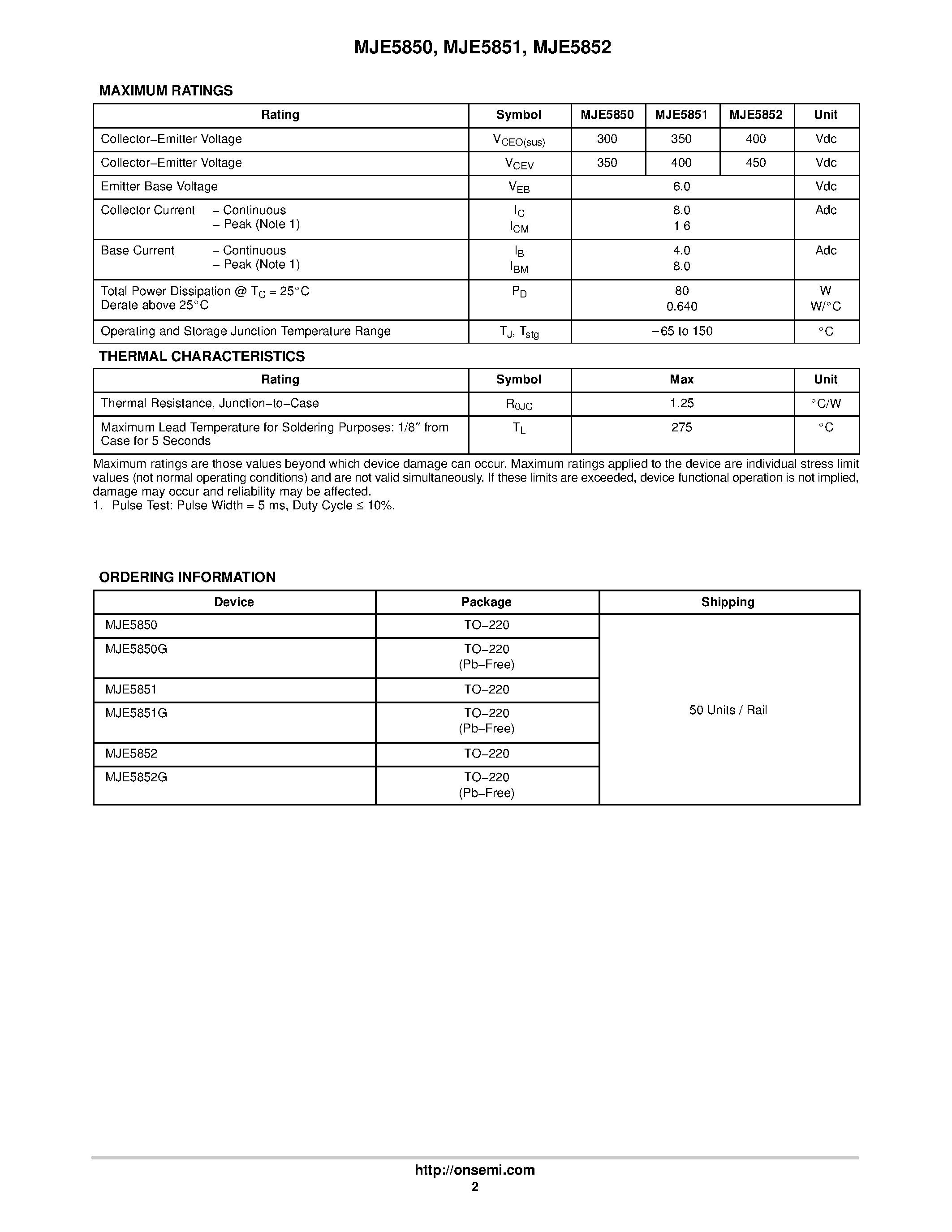 Datasheet MJE5850 - PNP SILICON POWER TRANSISTORS page 2