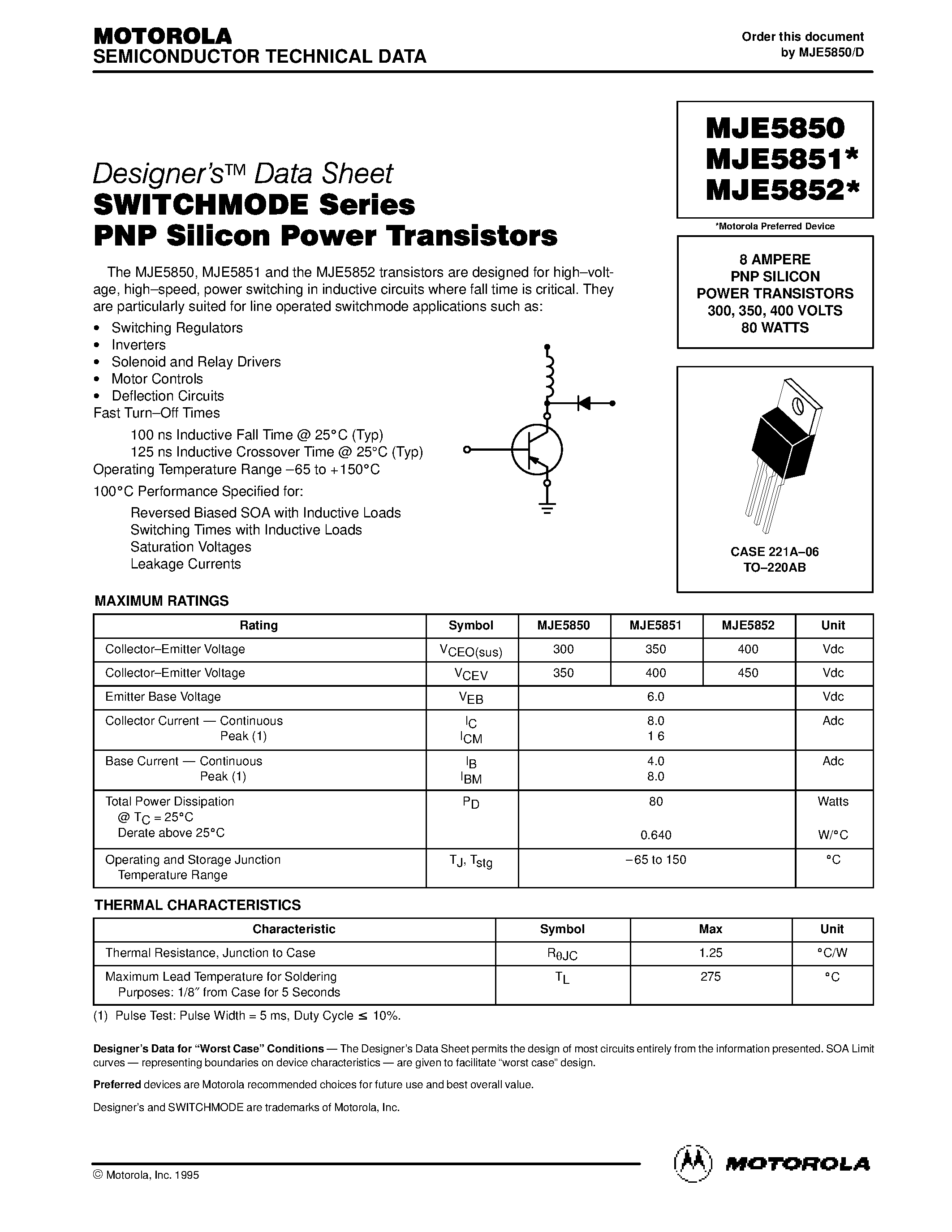 Datasheet MJE5851 - 8 AMPERE PNP SILICON POWER TRANSISTORS 300- 350- 400 VOLTS 80 WATTS page 1