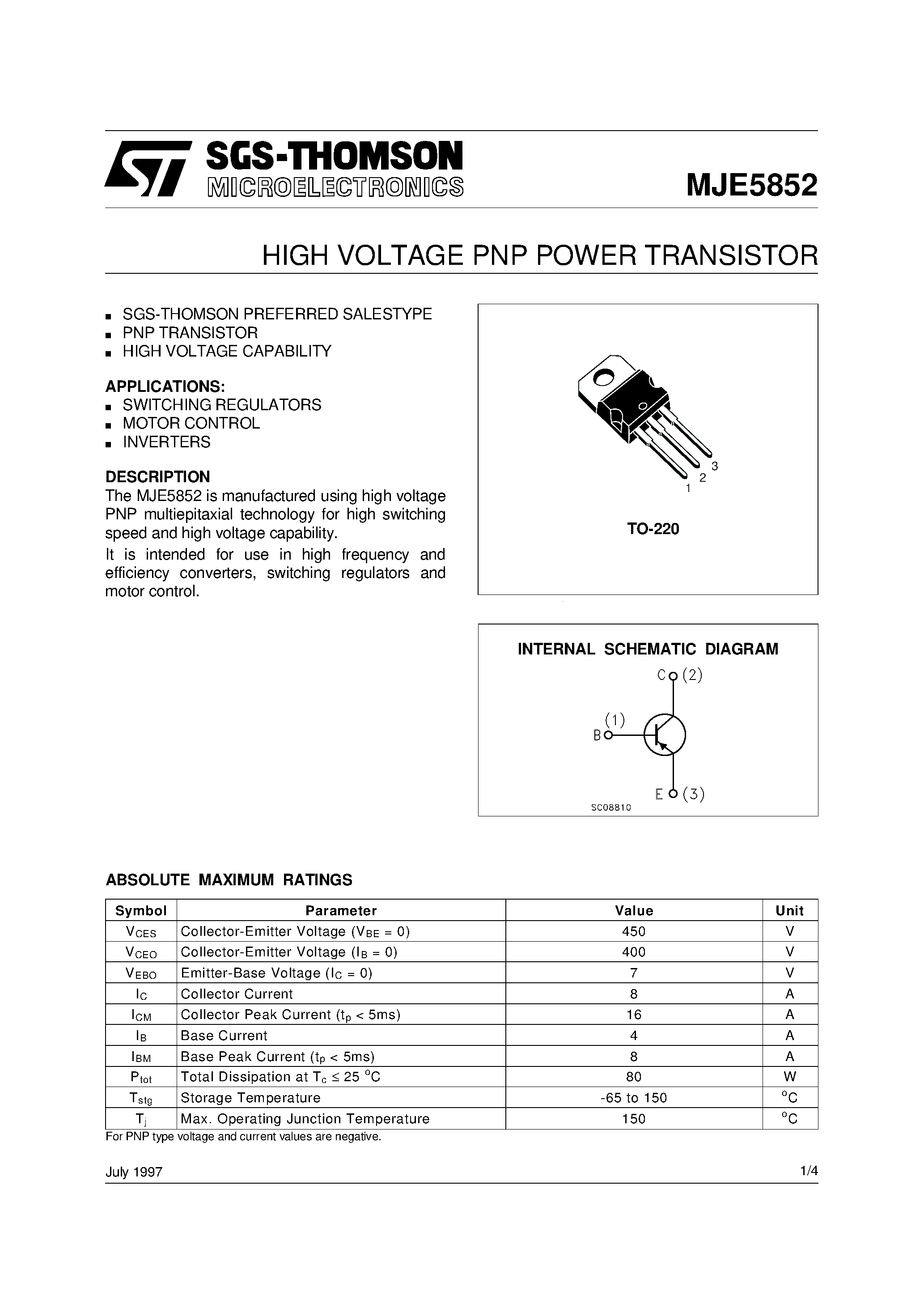 Datasheet MJE5852 - HIGH VOLTAGE PNP POWER TRANSISTOR page 1