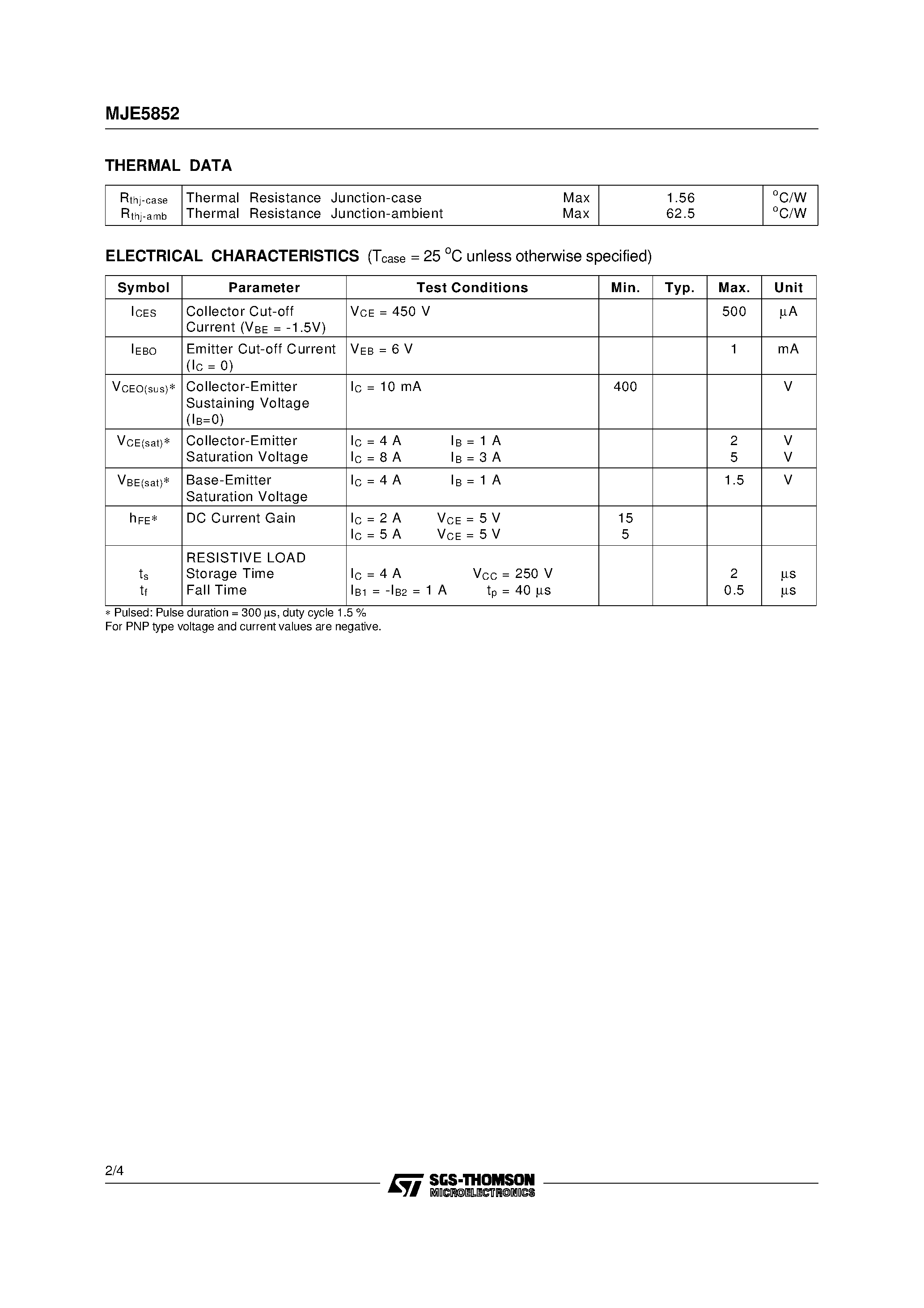 Datasheet MJE5852 - HIGH VOLTAGE PNP POWER TRANSISTOR page 2