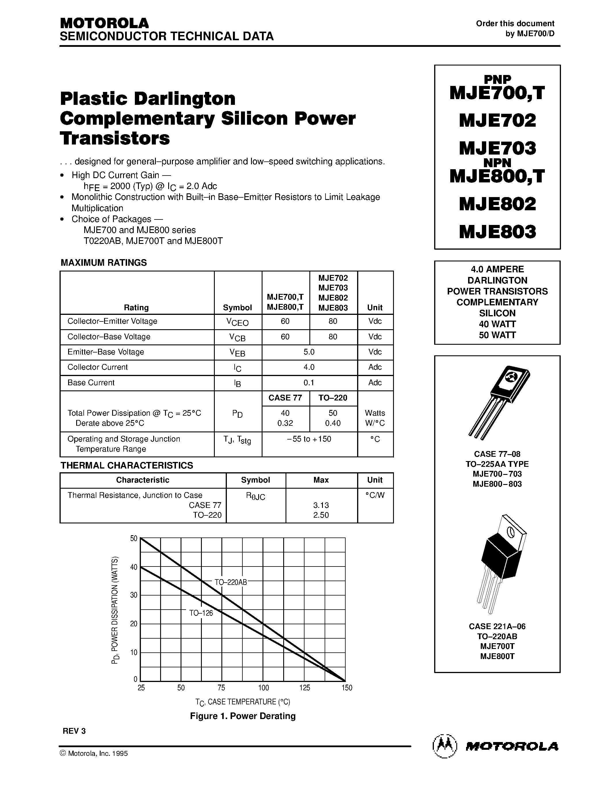 Datasheet MJE700 - 4.0 AMPERE DARLINGTON POWER TRANSISTORS COMPLEMENTARY SILICON 40 WATT 50 WATT page 1