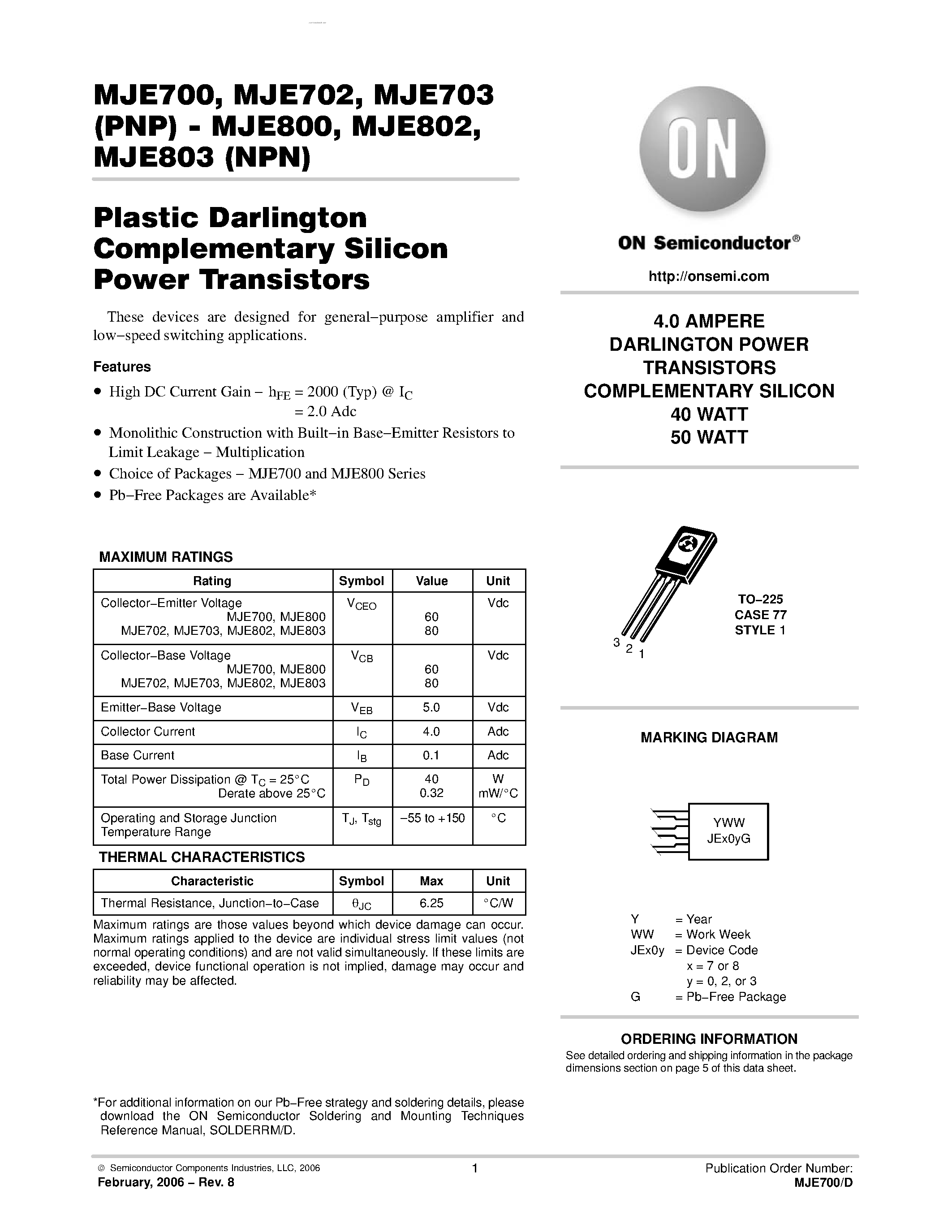 Datasheet MJE700 - DARLINGTON POWER TRANSISTORS COMPLEMENTARY page 1