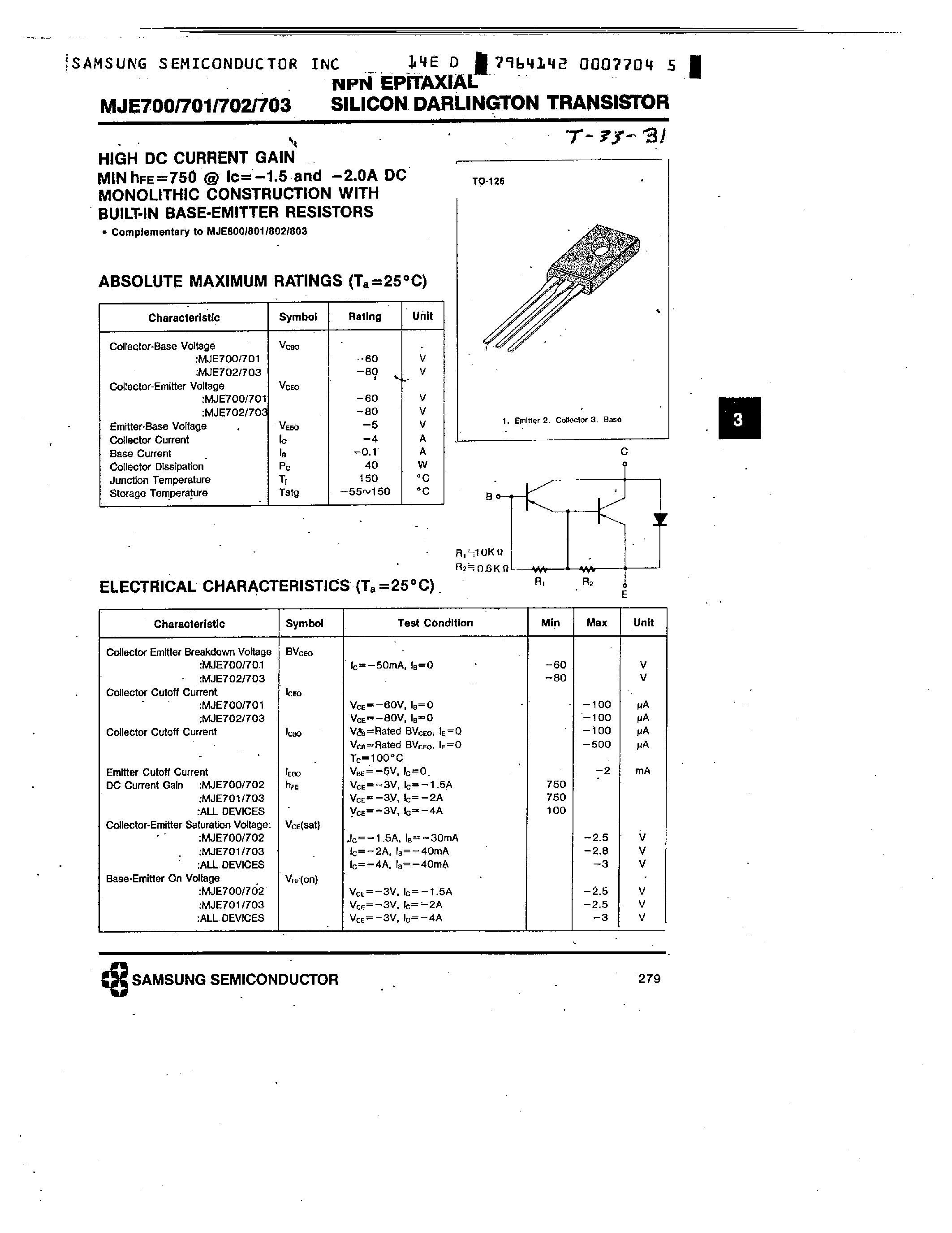 Datasheet MJE700 - NPN (HIGH DC CURRENT GAIN) page 1