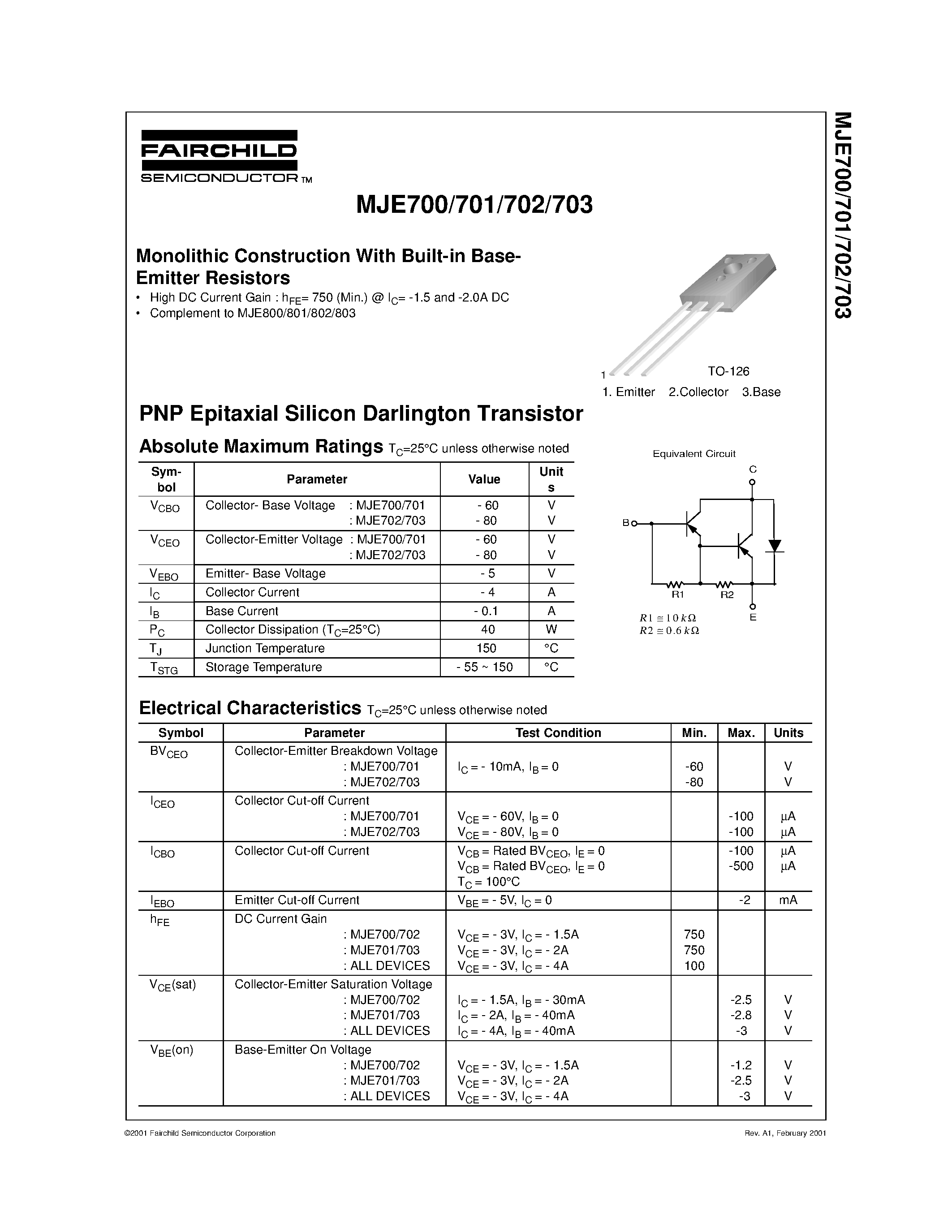 Datasheet MJE700 - Monolithic Construction With Built-in Base- Emitter Resistors page 1