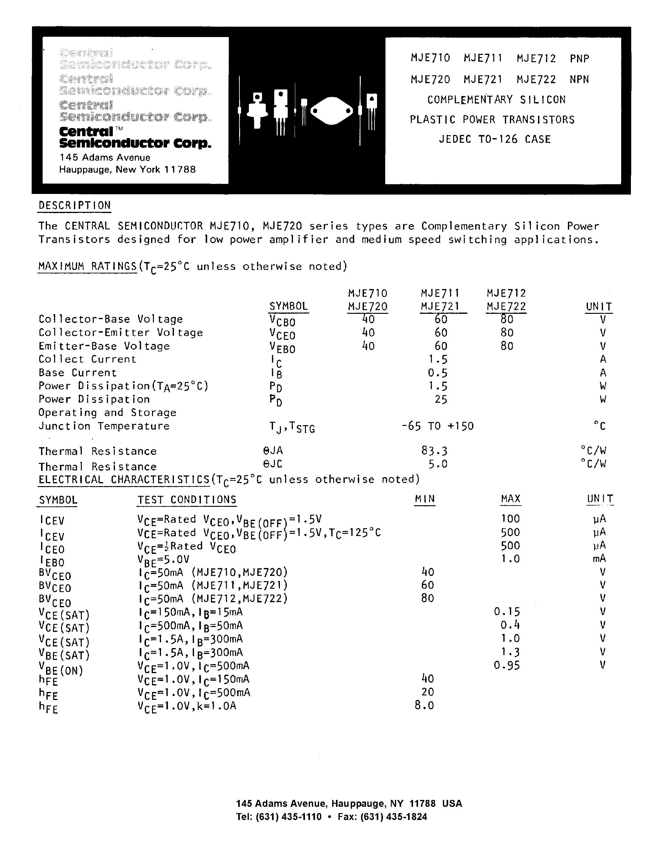 Datasheet MJE710 - COMPLEMENTARY SILICON PLASTIC POWER TRANSISTORS page 1