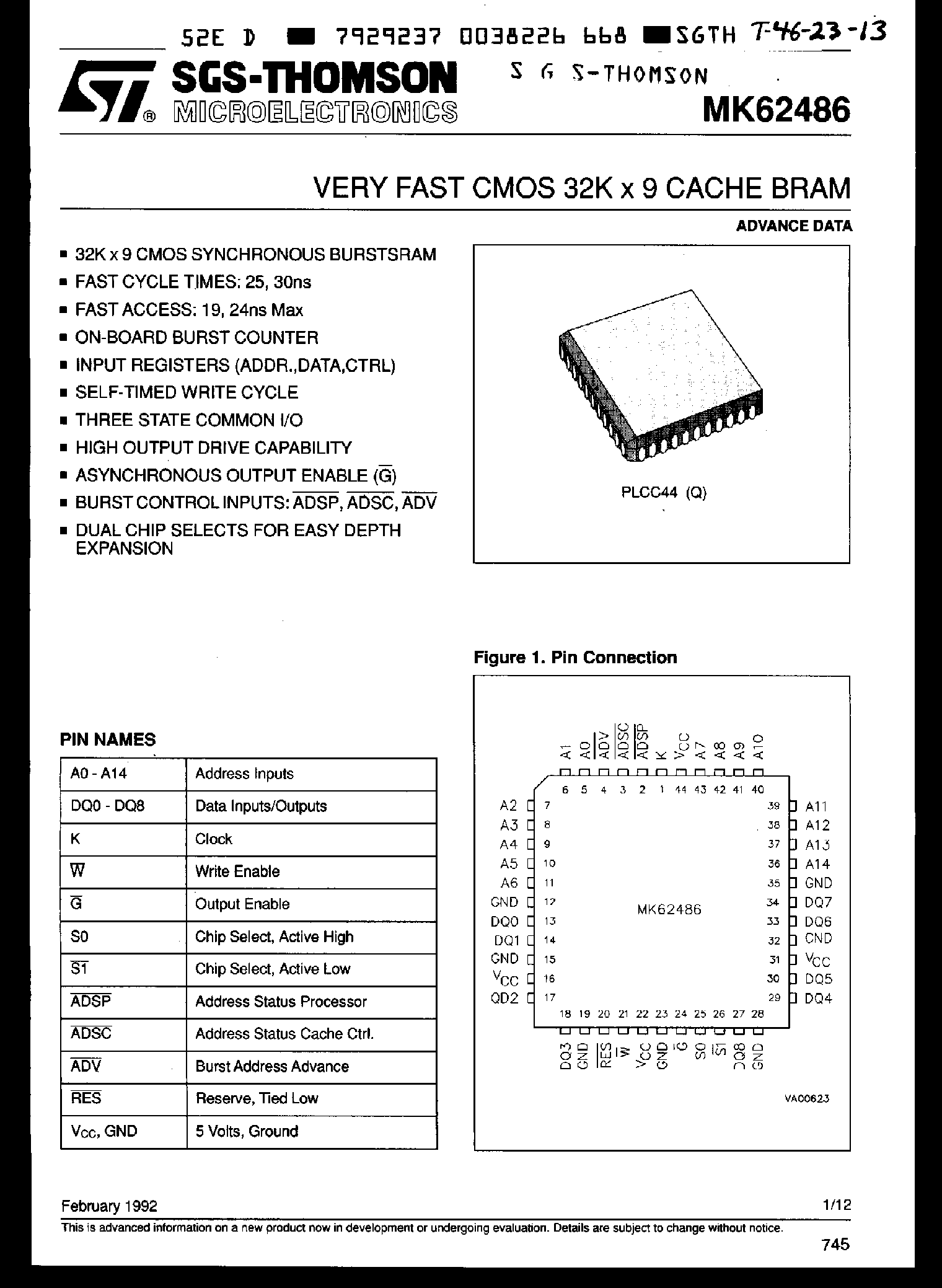 Даташит MK62486 - VERY FAXT CMOS 32K x 9 CACHE BRAM страница 1