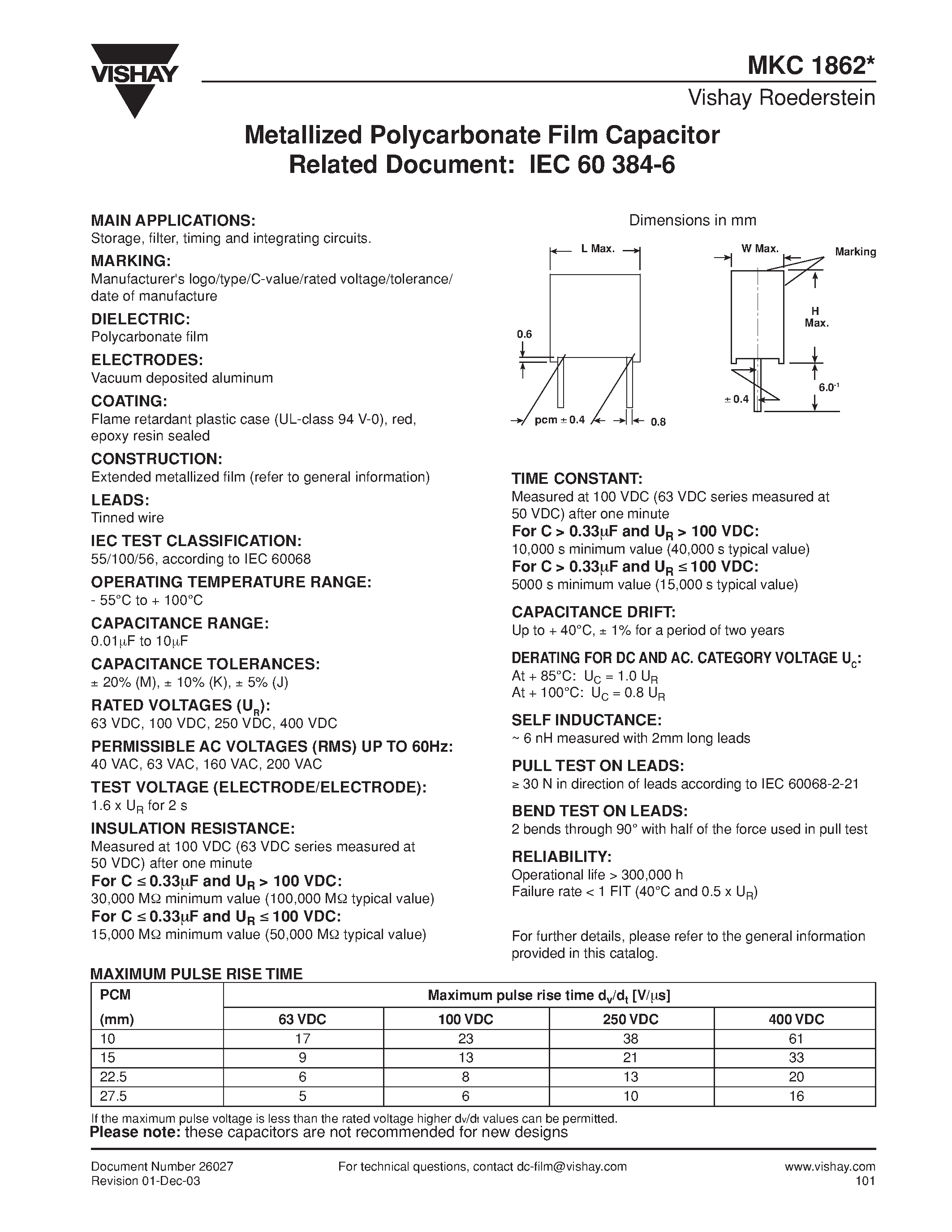 Даташит MKC1862-310-W - Metallized Polycarbonate Film Capacitor Related Document: IEC 60 384-6 страница 1