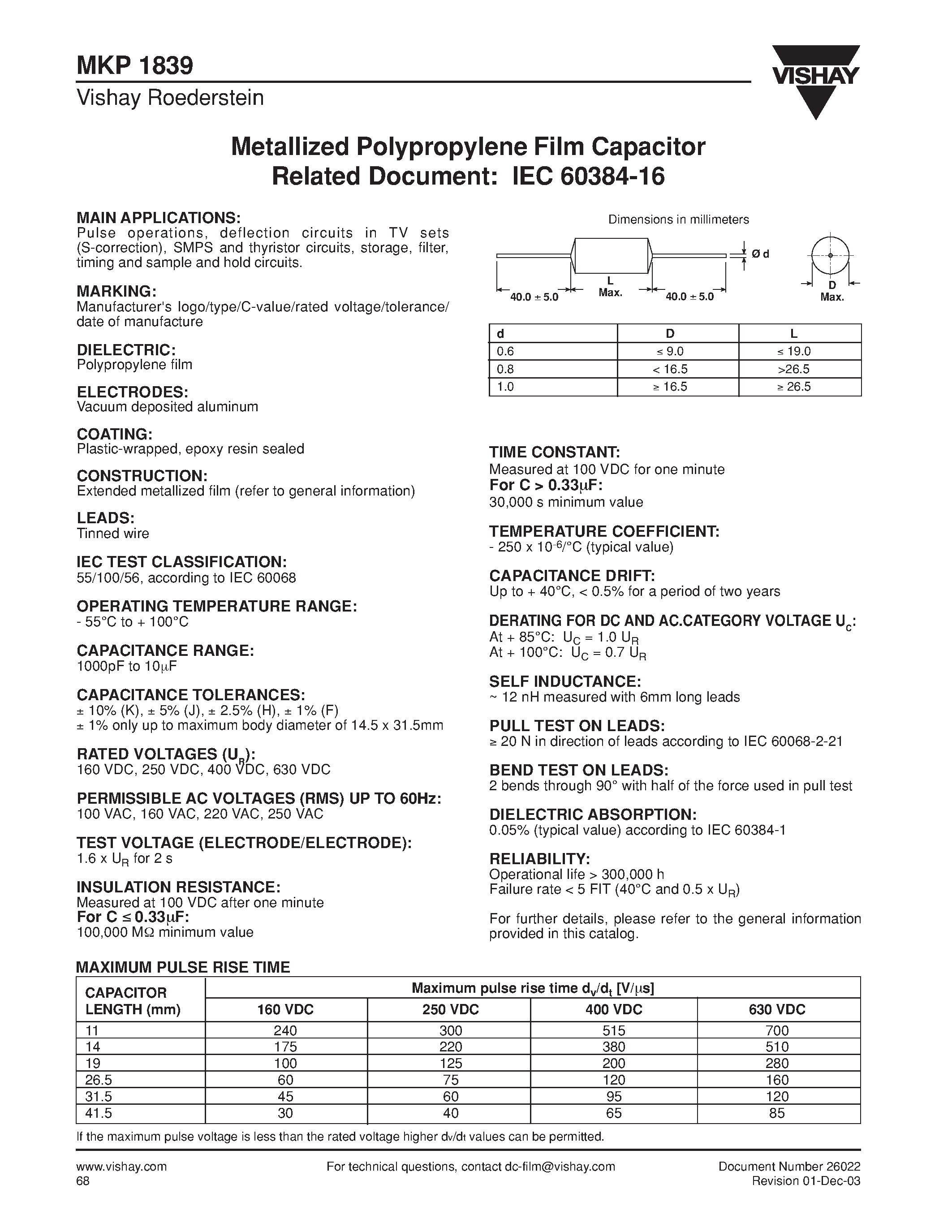 Datasheet MKP1839-422-403-R - Metallized Polypropylene Film Capacitor Related Document: IEC 60384-16 page 1