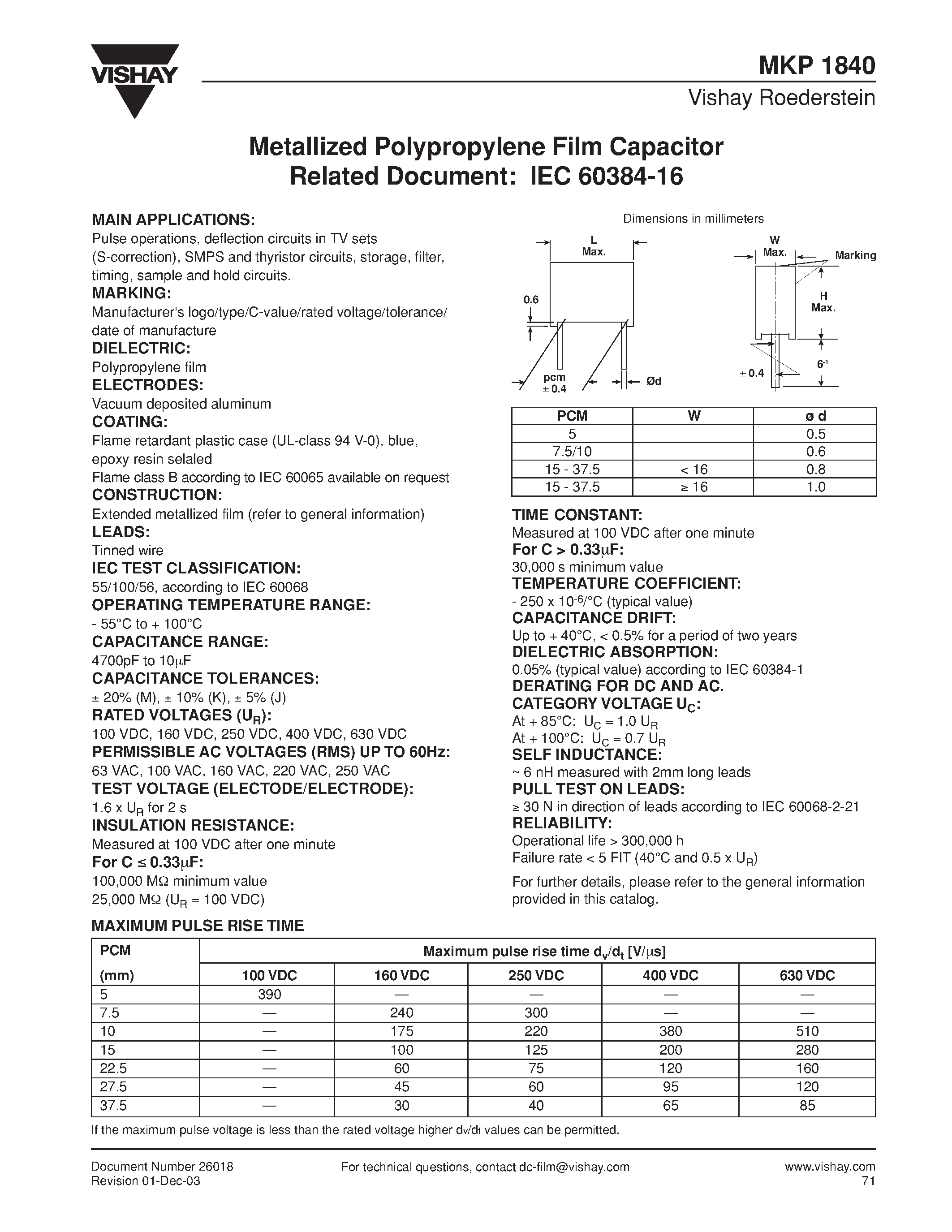 Datasheet MKP1840-310-405-D - Metallized Polypropylene Film Capacitor Related Document: IEC 60384-16 page 1