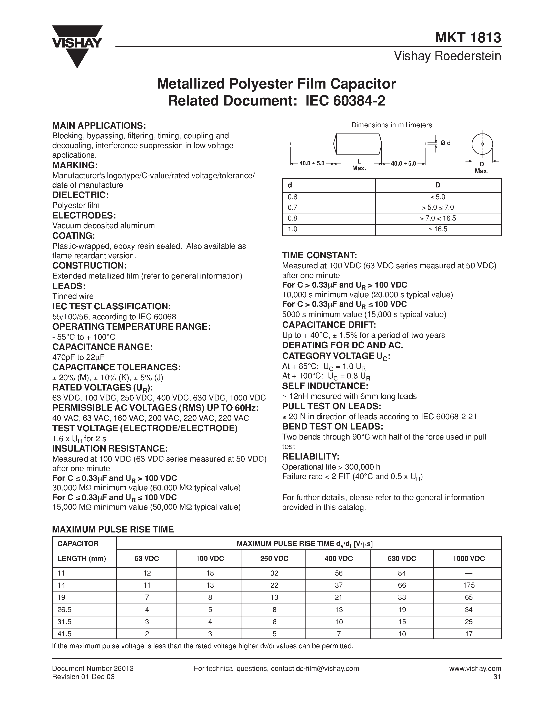 Datasheet MKT1813-422-014-R - Metallized Polyester Film Capacitor page 1