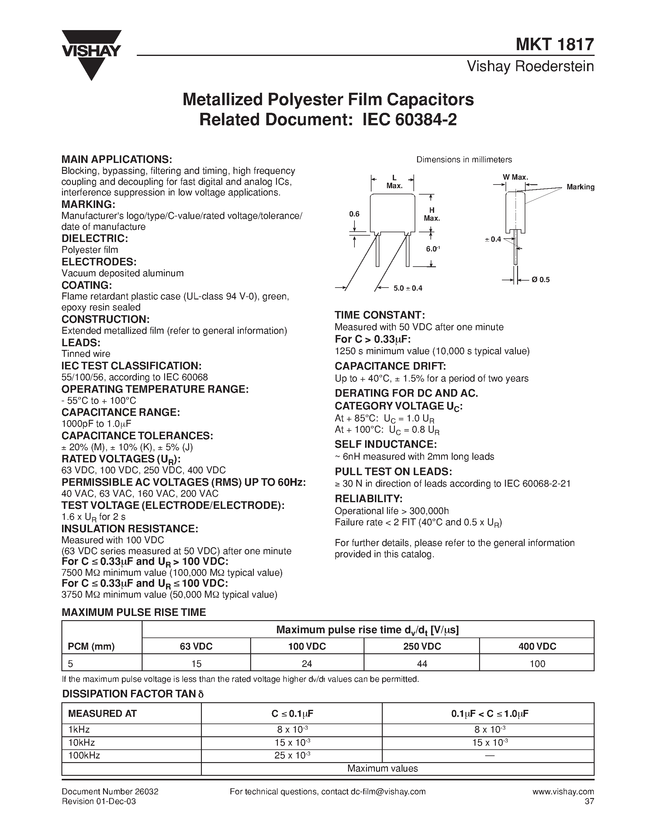 Datasheet MKT1817-233-255-D - Metallized Polyester Film Capacitors Related Document : IEC 60384-2 page 1