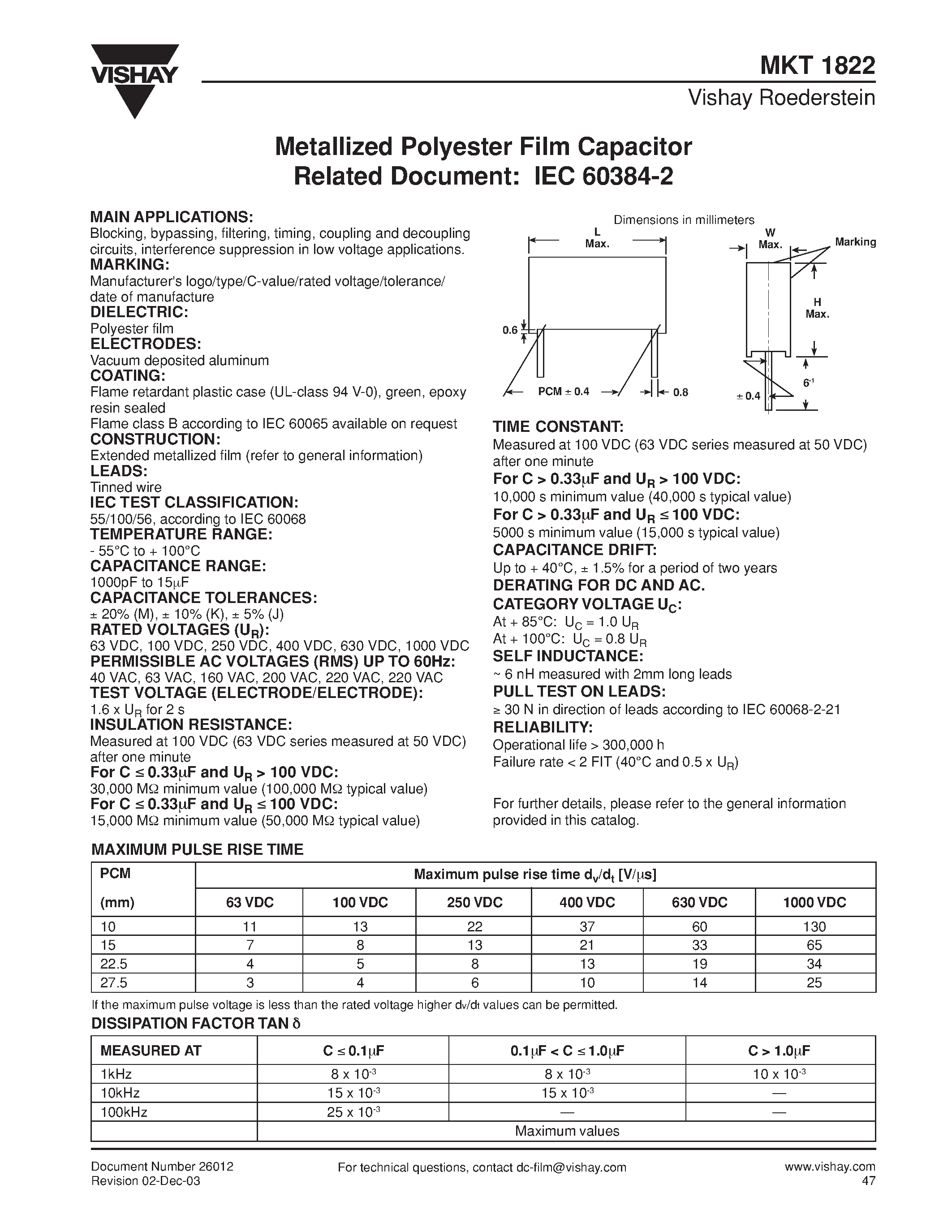 Datasheet MKT1822-422-065-D - Metallized Polyester Film Capacitor Related Document: IEC 60384-2 page 1