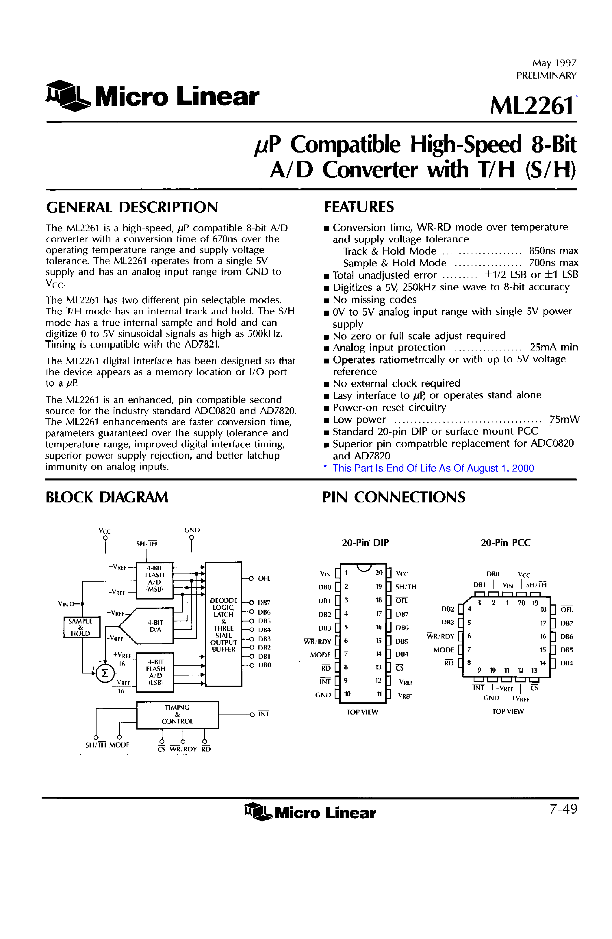 Datasheet ML2261 - P Compatible High-Speed 8-Bit A/D Converter with T/H (S/H) page 1