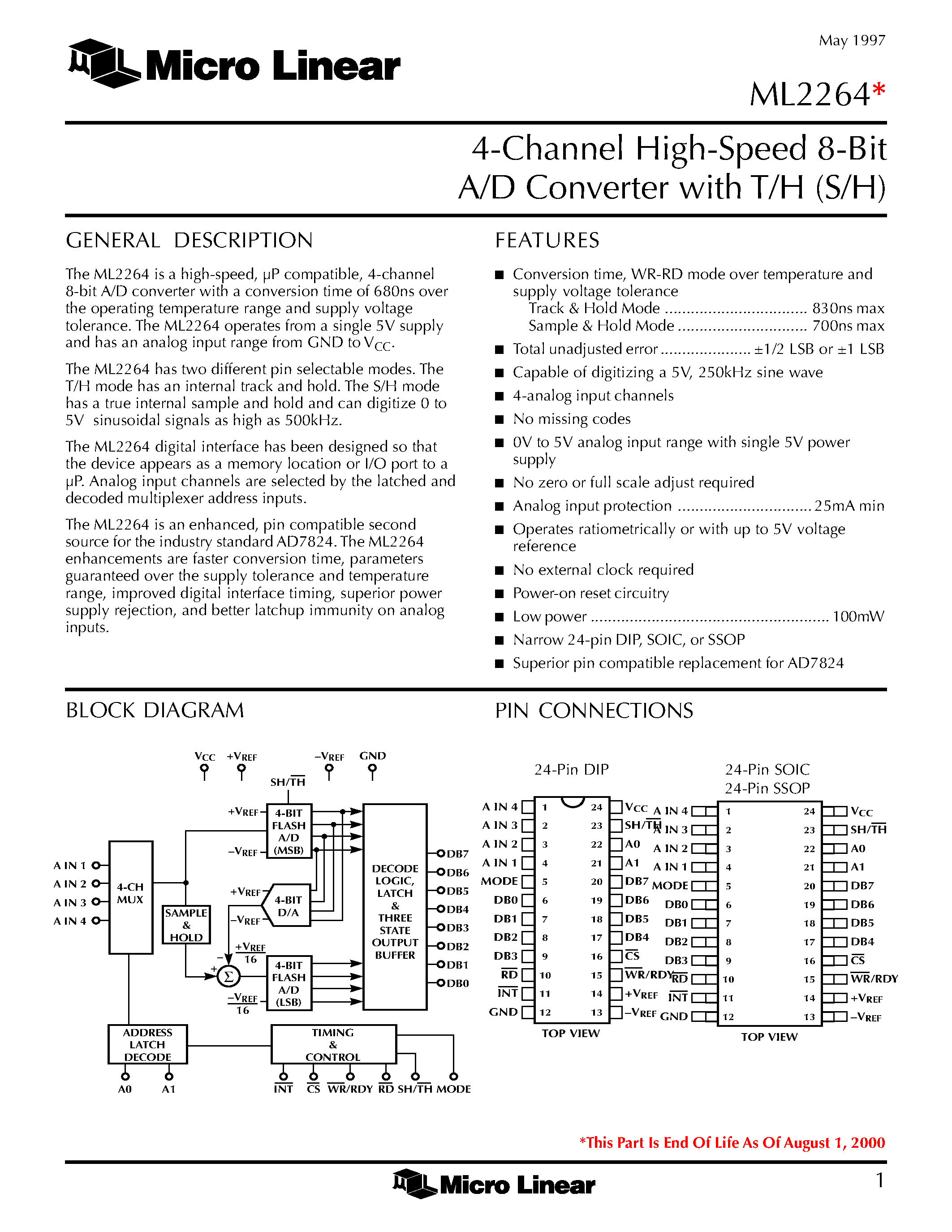 Datasheet ML2264 - 4-Channel High-Speed 8-Bit A/D Converter with T/H (S/H) page 1