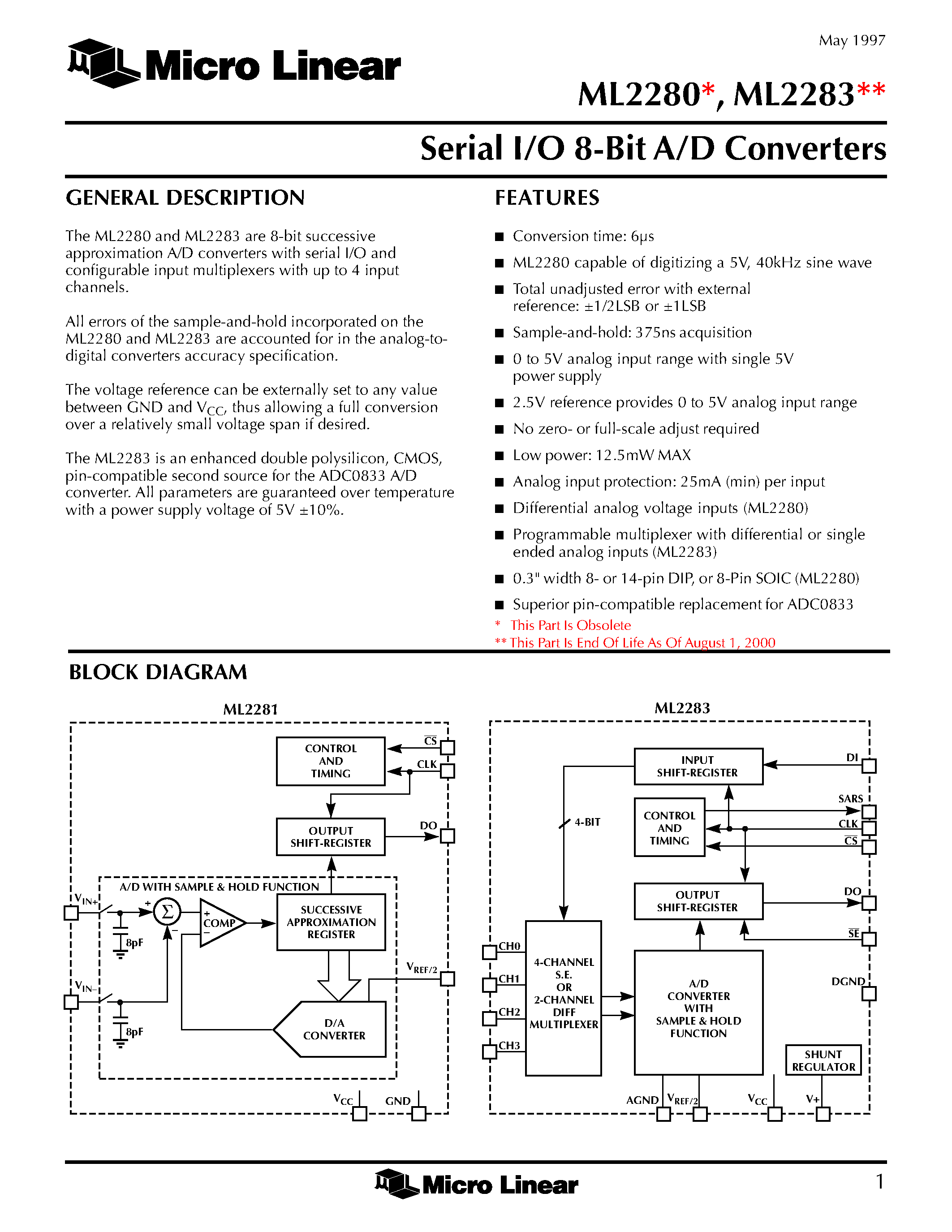 Datasheet ML2280 - Serial I/O 8-Bit A/D Converters page 1