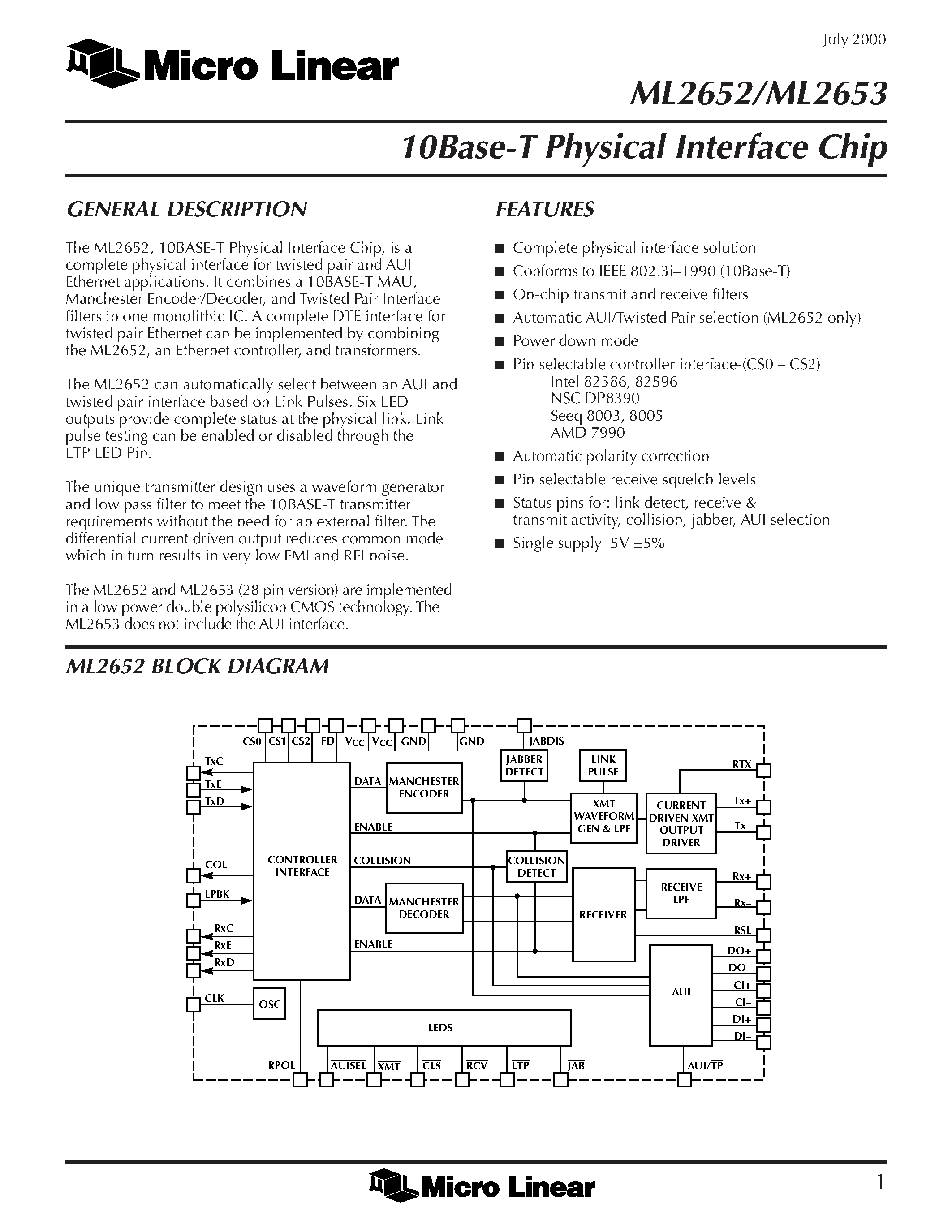 Datasheet ML2653CH - 10Base-T Physical Interface Chip page 1