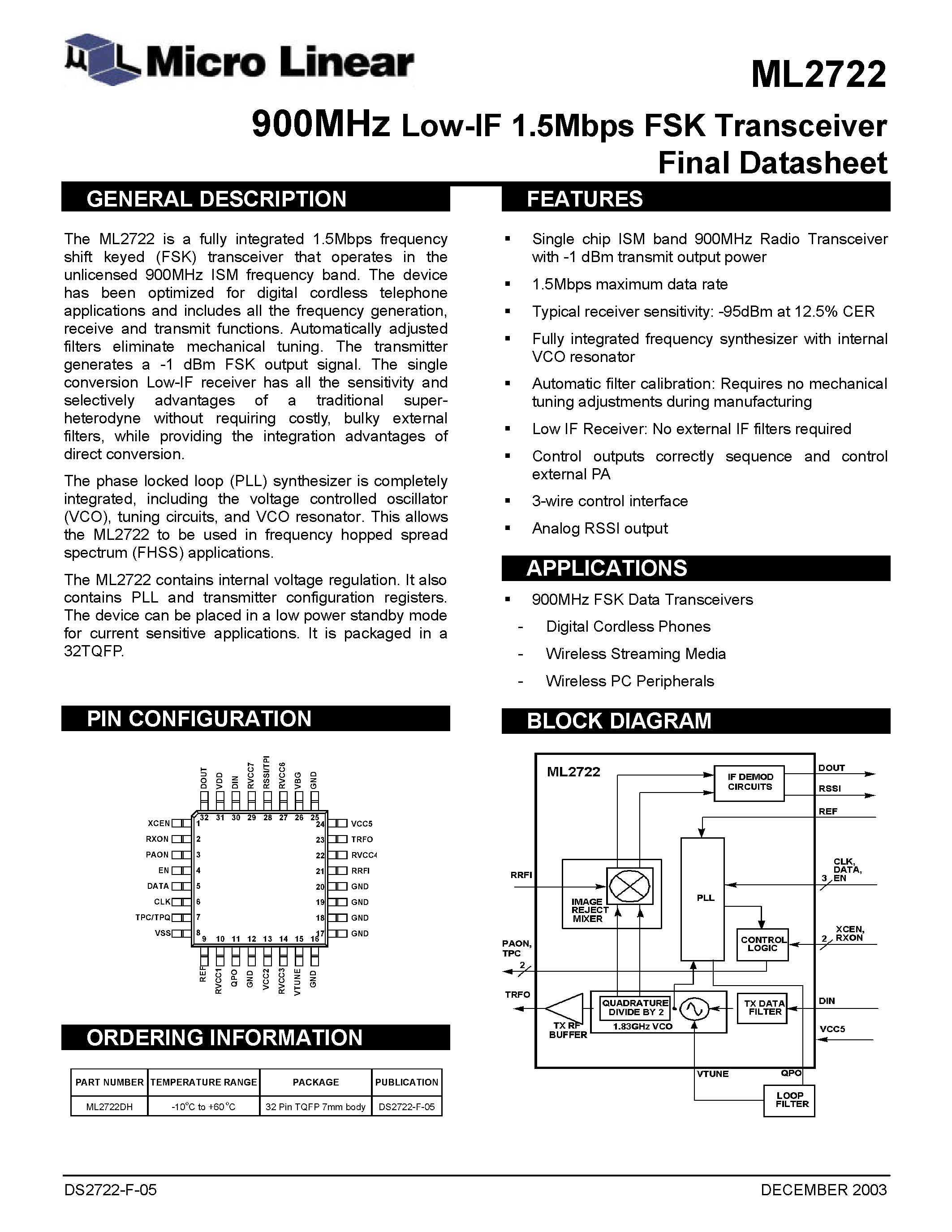 Даташит ML2722 - 900MHz Low-IF 1.5Mbps FSK Transceiver Final Datasheet страница 1