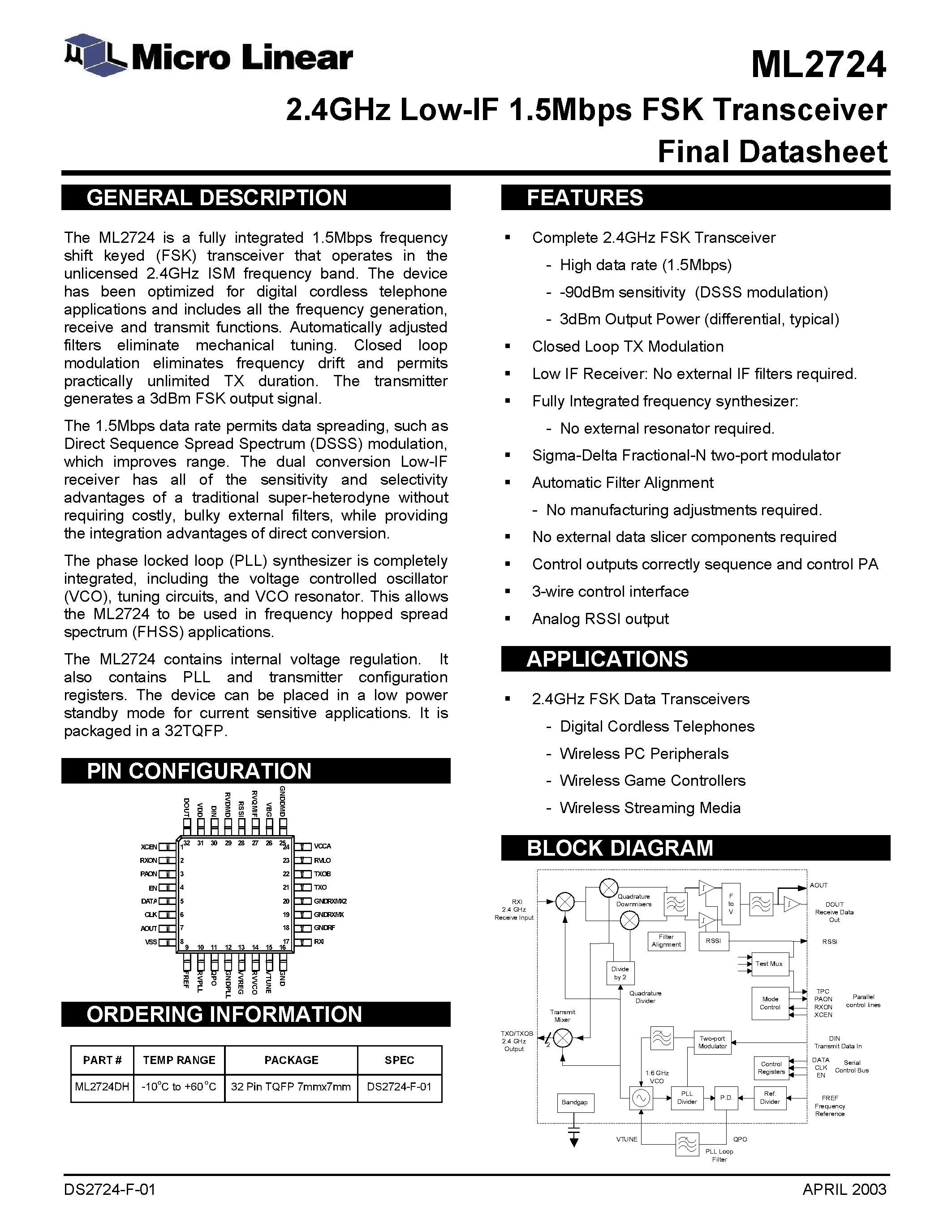 Даташит ML2724 - 2.4GHz Low-IF 1.5Mbps FSK Transceiver Final Datasheet страница 1