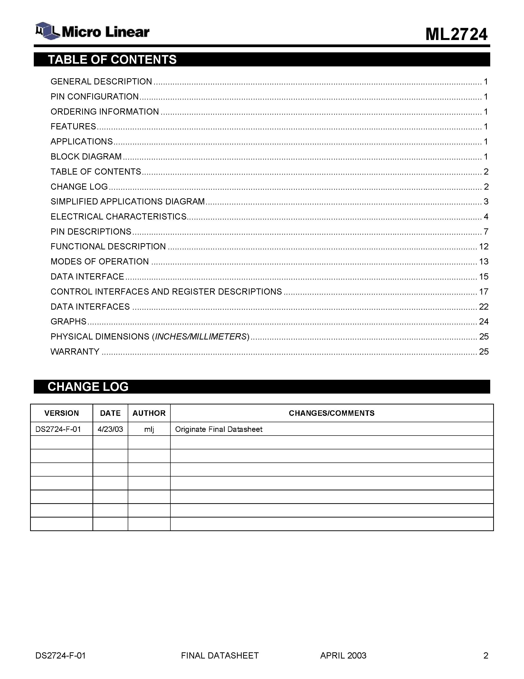 Даташит ML2724 - 2.4GHz Low-IF 1.5Mbps FSK Transceiver Final Datasheet страница 2