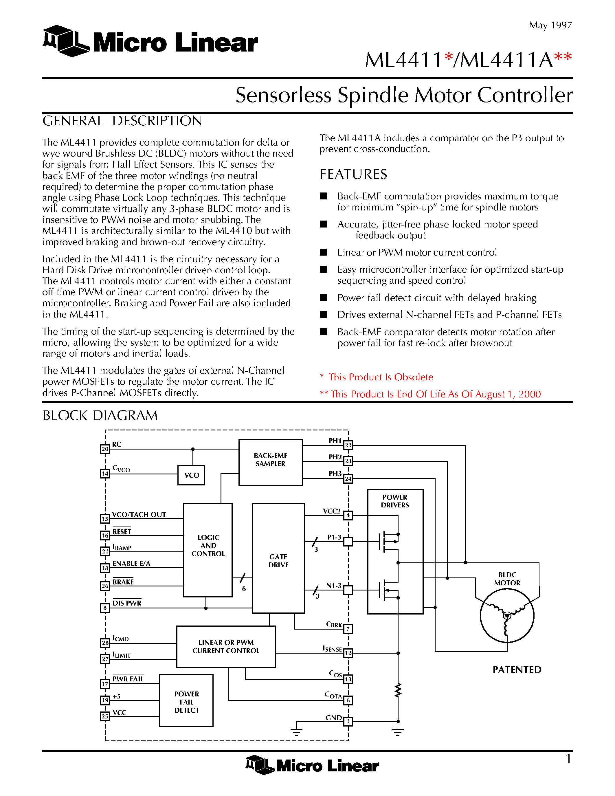 Даташит ML4411 - Sensorless Spindle Motor Controller страница 1