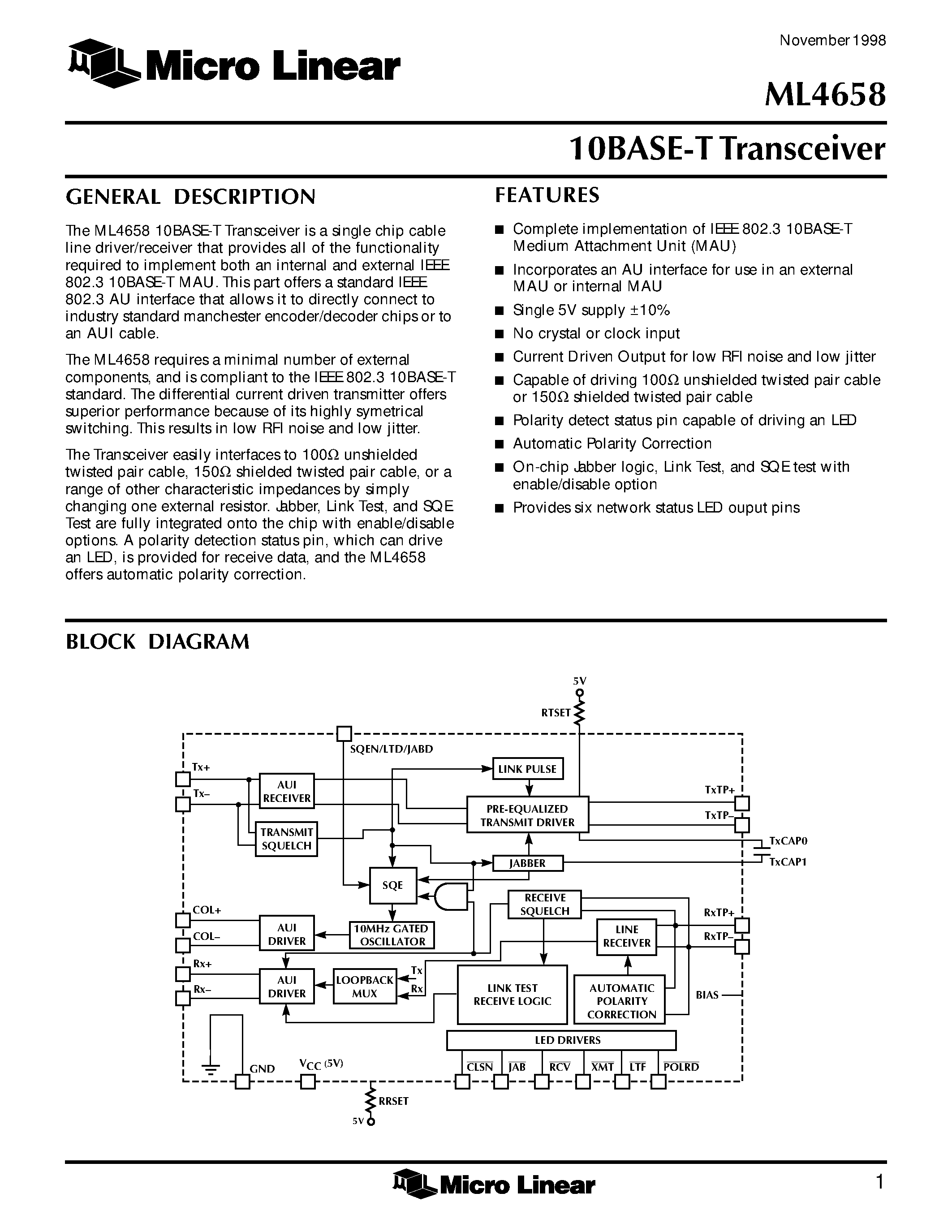Datasheet ML4658 - 10BASE-T Transceiver page 1