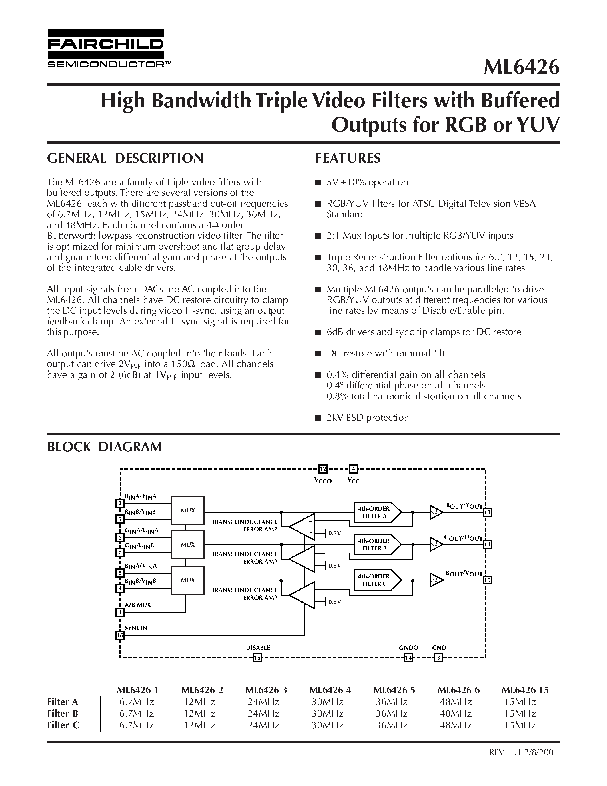 Datasheet ML6426CS-6 - High Bandwidth Triple Video Filters with Buffered Outputs for RGB or YUV page 1