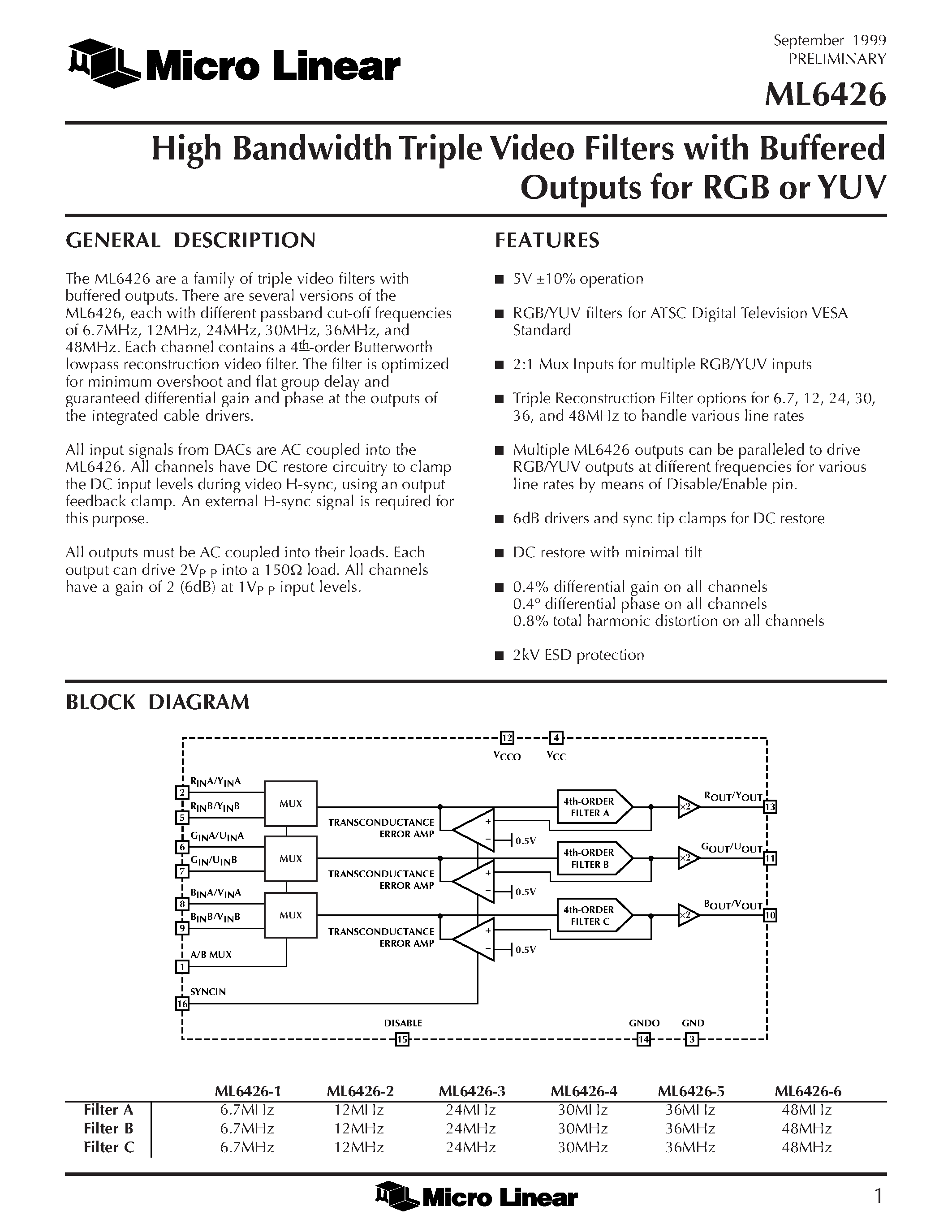 Datasheet ML6426CS-6 - High Bandwidth Triple Video Filters with Buffered Outputs for RGB or YUV page 1