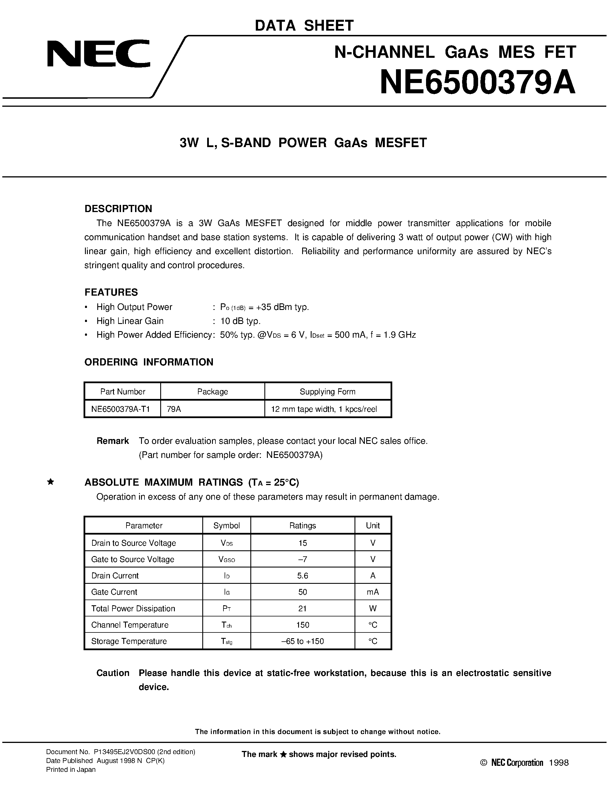 Datasheet NE6500379A - 3W L / S-BAND POWER GaAs MESFET page 1