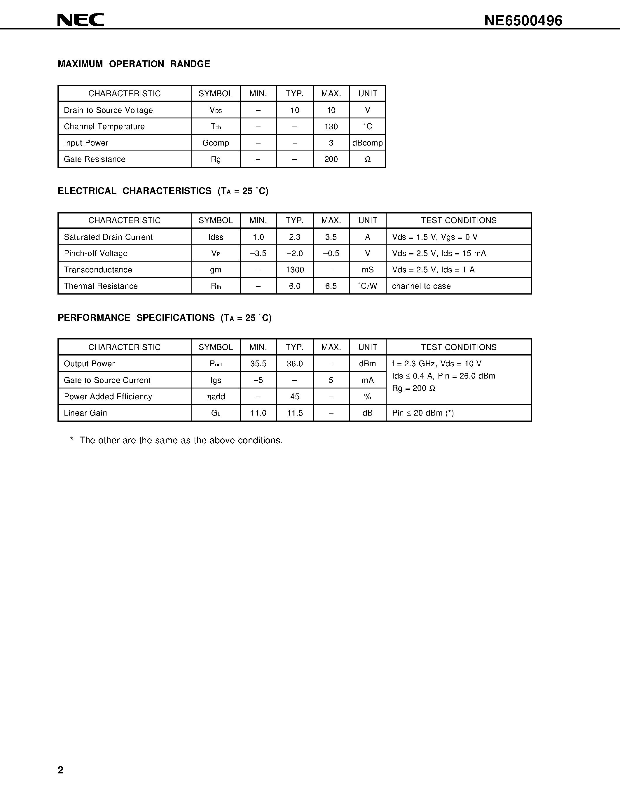 Datasheet NE6500496 - 4 W L / S-BAND POWER GaAs FET N-CHANNEL GaAs MES FET page 2